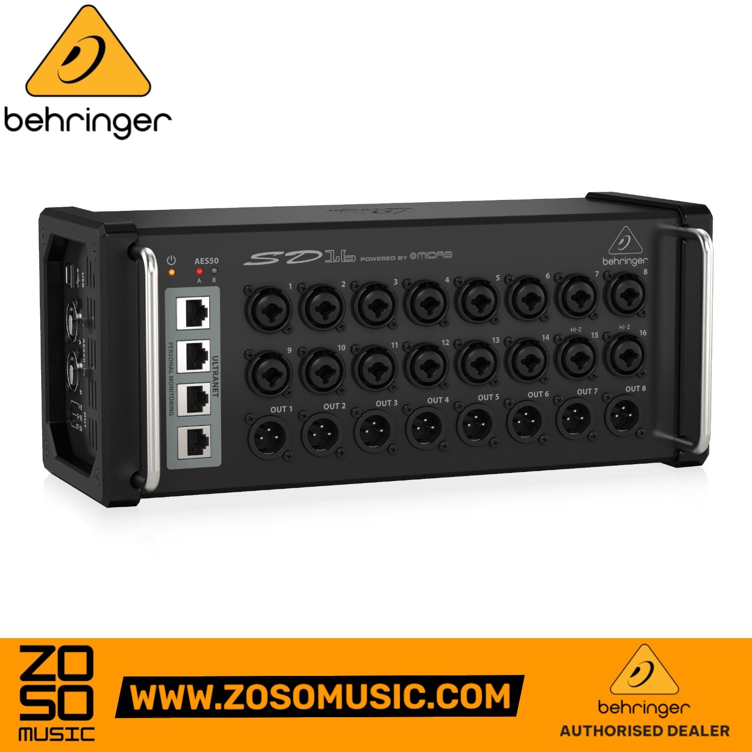 Zoso Music Behringer SD16 16-channel digital stage box with Midas-designed preamps and XLR outputs in black steel