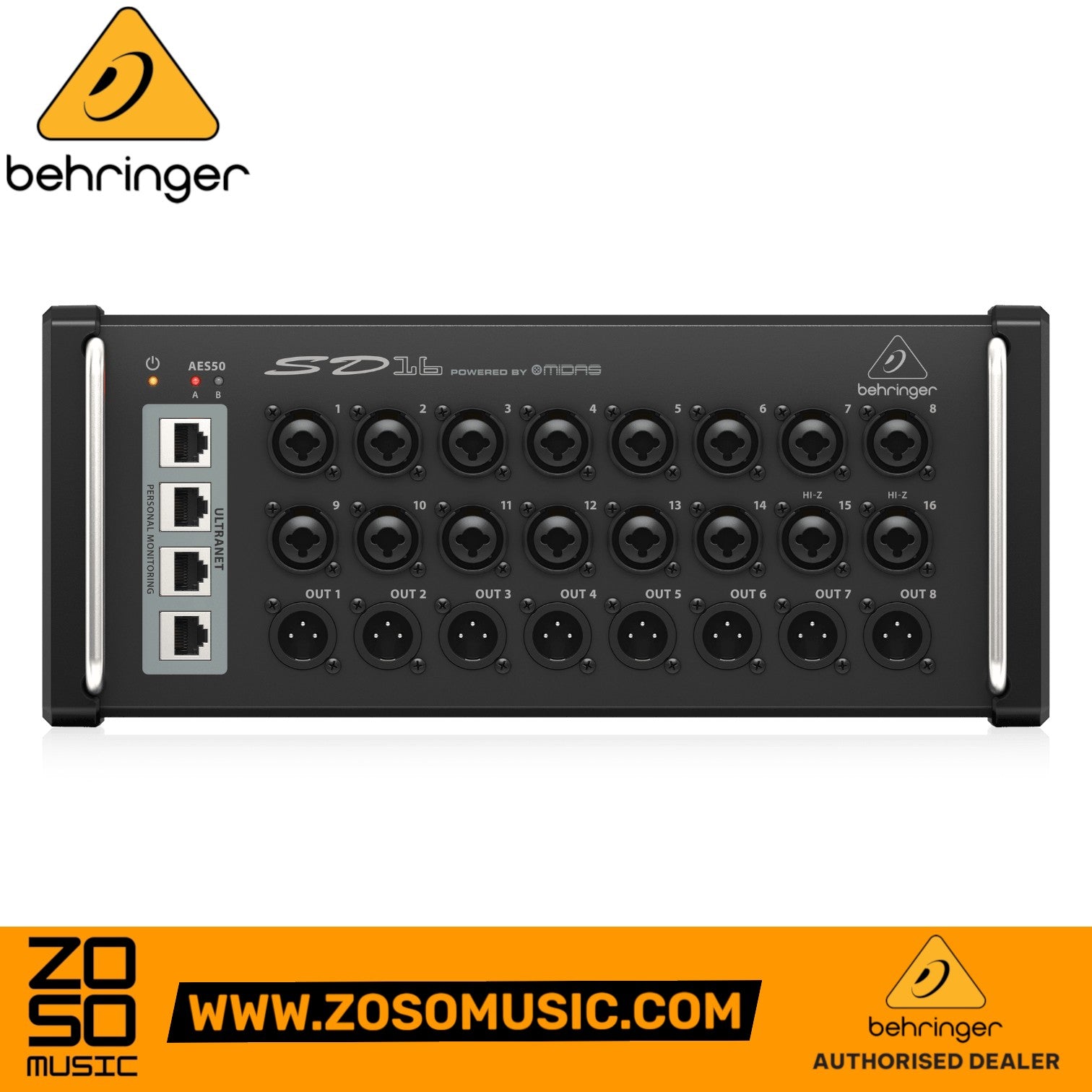 Zoso Music Behringer SD16 16-channel digital stage box with Midas-designed preamps and XLR outputs in a steel chassis