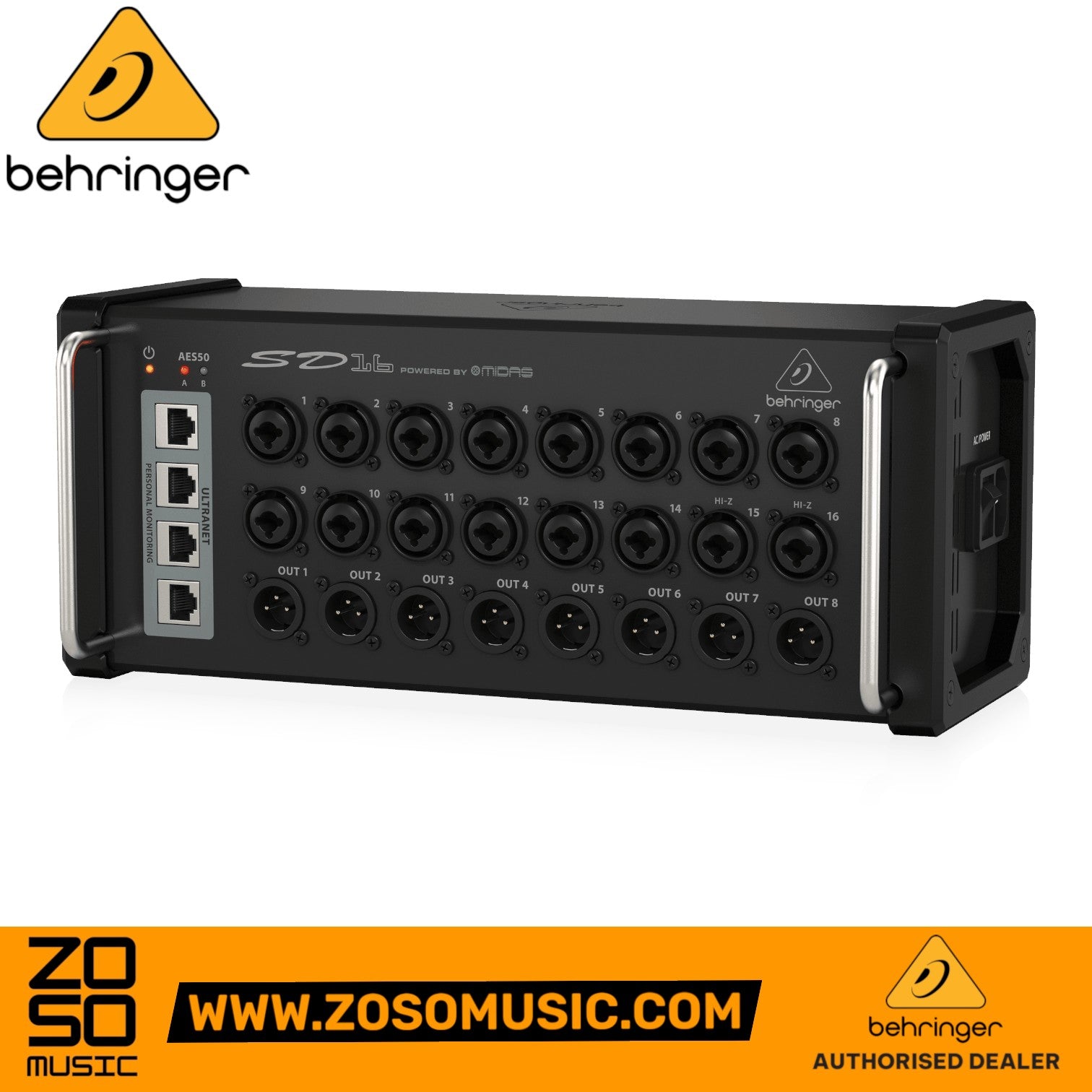 Zoso Music Behringer SD16 16-channel digital stage box with Midas-designed preamps and XLR outputs in a black chassis