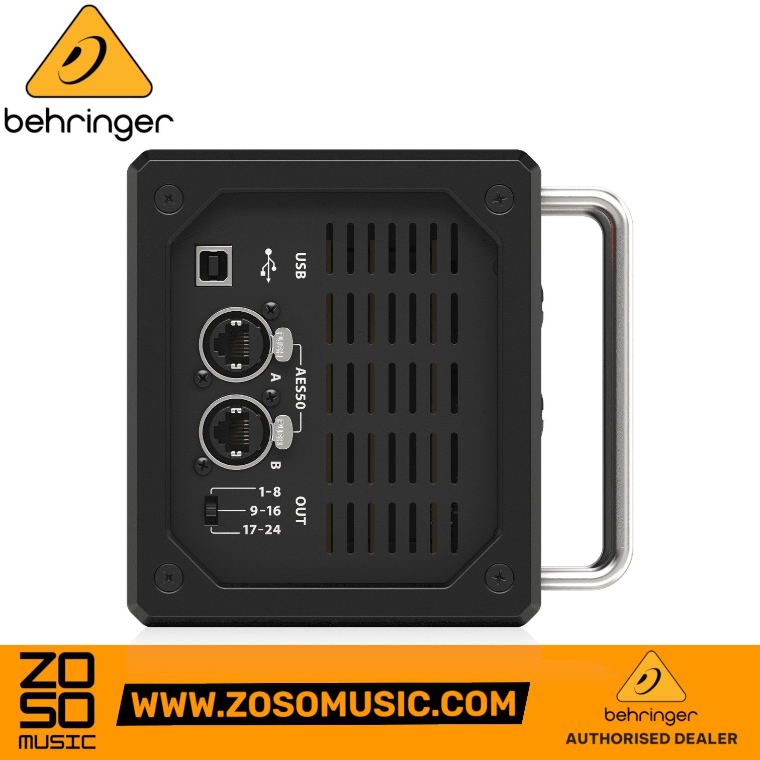 Zoso Music Behringer SD16 digital stage box side panel with USB, AES50 ports, and output selection switch
