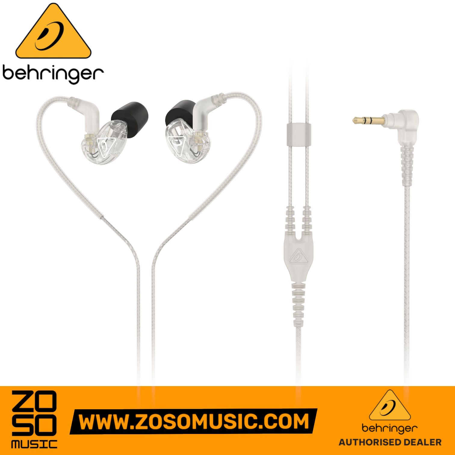 Zoso Music Behringer SD251-CL clear studio monitoring earphones with detachable cable and over-the-ear design