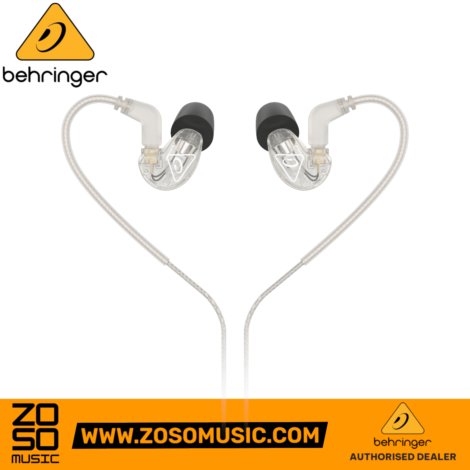 Zoso Music Behringer SD251-CL clear studio monitoring earphones with over-the-ear design and detachable cables.