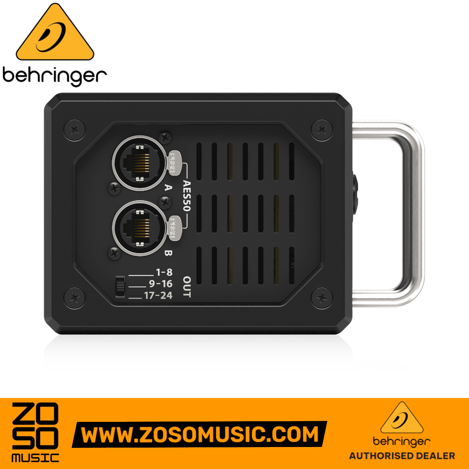 Zoso Music Behringer SD8 stage box showing AES50 networking ports and protective metal handle on a black chassis
