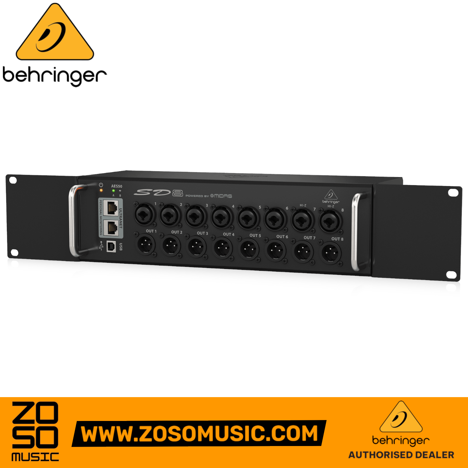 Zoso Music Behringer SD8 digital stage box with 8 Midas-designed preamps, XLR inputs, and AES50 networking ports.