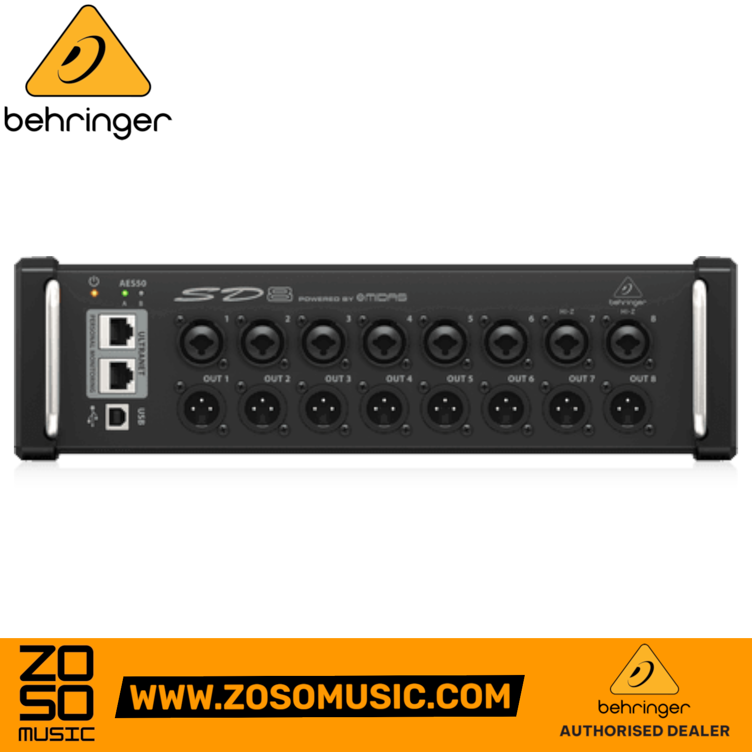 Zoso Music Behringer SD8 digital stage box with 8 Midas preamps, XLR outputs, and ULTRANET ports in a black chassis.