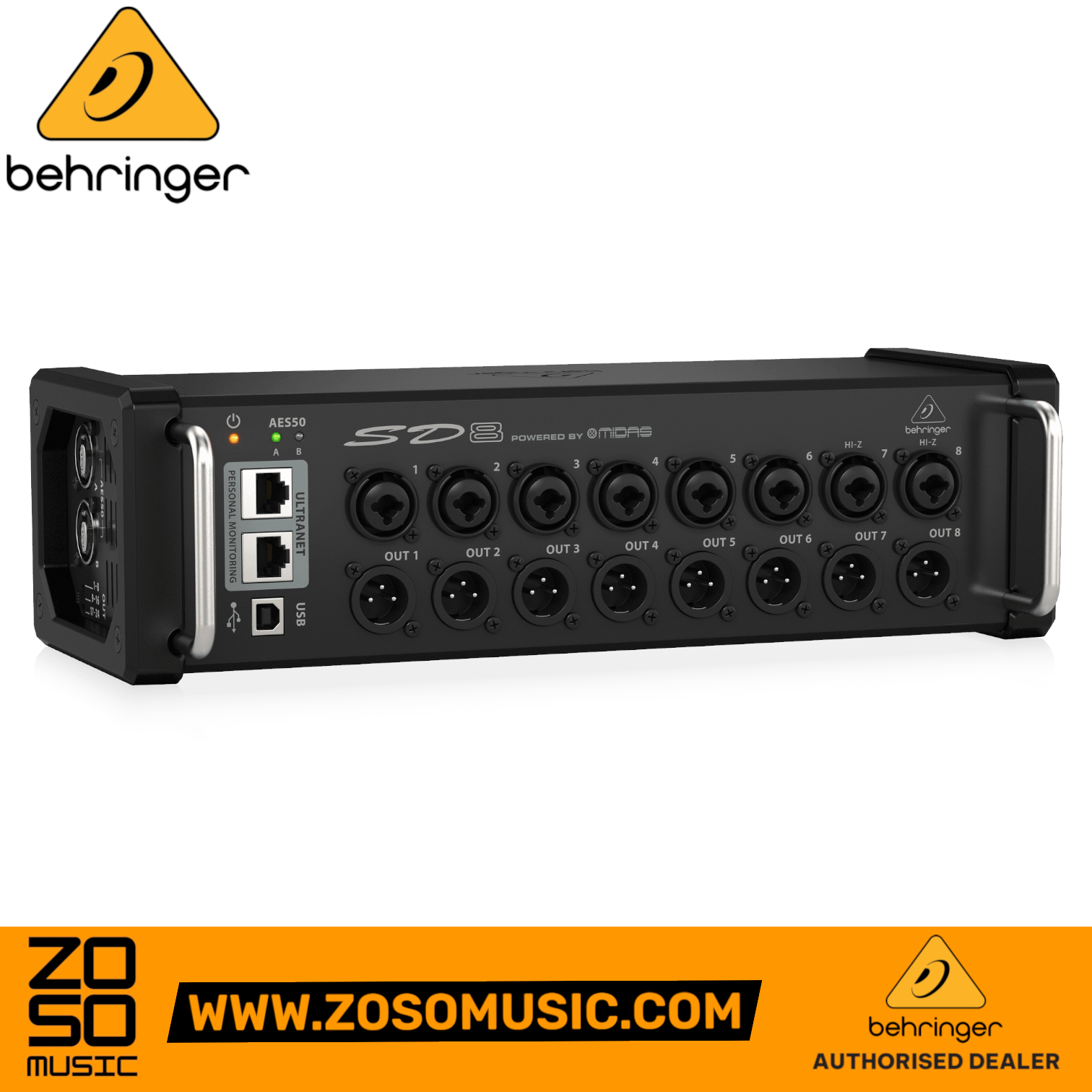 Zoso Music Behringer SD8 digital stage box with 8 Midas-designed preamps, XLR inputs, and AES50 networking ports.