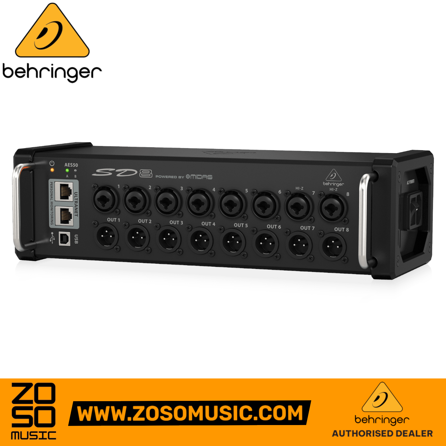 Zoso Music Behringer SD8 digital stage box with 8 Midas-designed preamps, XLR inputs, and AES50 networking ports.
