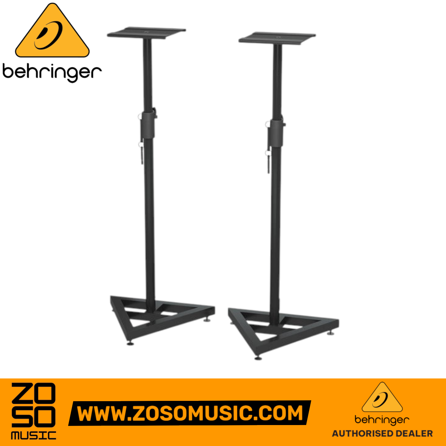 Zoso Music Behringer SM5002 pair of black heavy-duty height-adjustable studio monitor stands with triangular bases