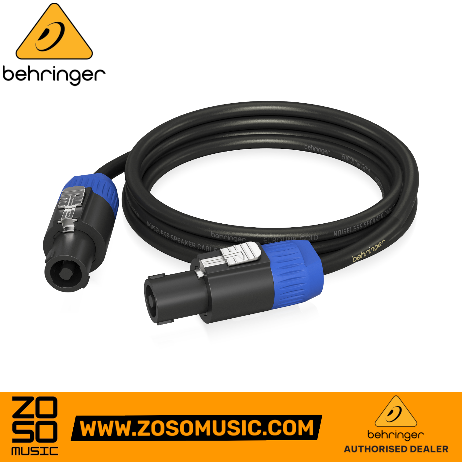Zoso Music Behringer 3m speaker cable with black and blue speakON twist connectors for professional audio setups