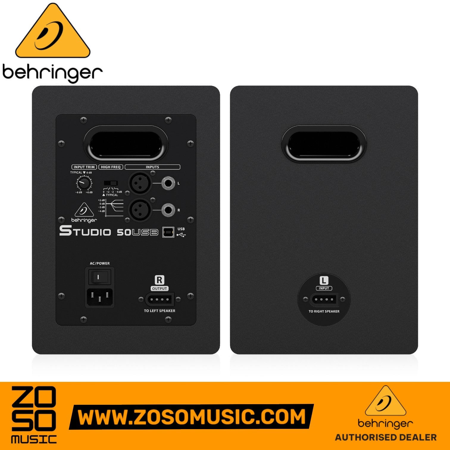 Zoso Music Behringer Studio 50USB studio monitor rear panels showing XLR, TRS, and USB input ports.