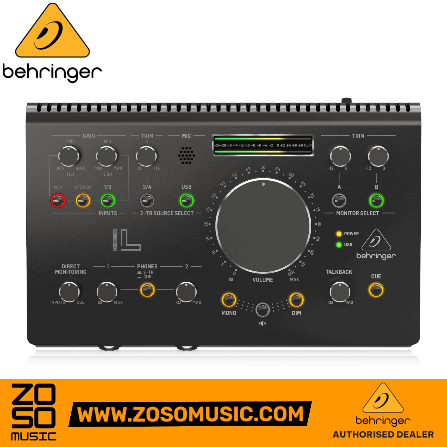 Zoso Music Behringer Studio L monitor controller and USB audio interface with VCA volume knob and LED meters