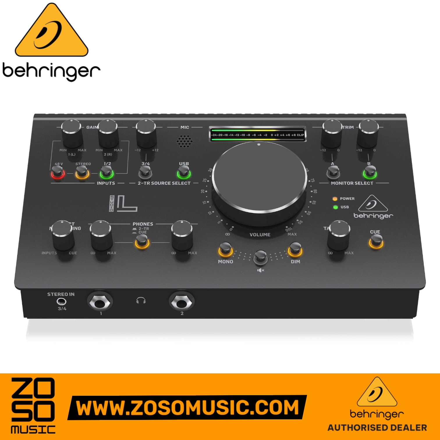 Zoso Music Behringer Studio L monitor controller and USB audio interface with VCA volume knob and LED meters