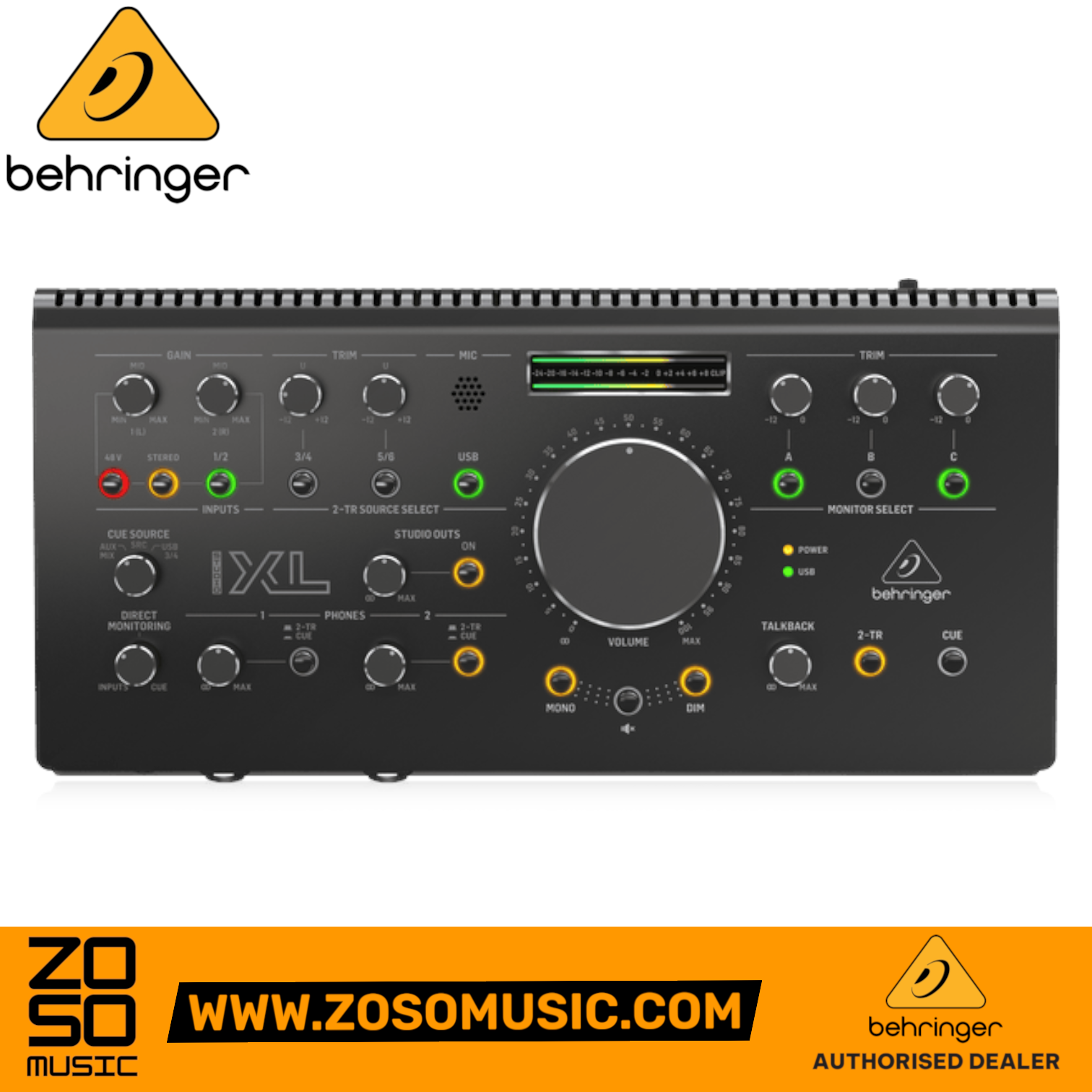 Zoso Music Behringer Studio XL monitor controller with large volume knob, Midas preamps, and LED level meters.