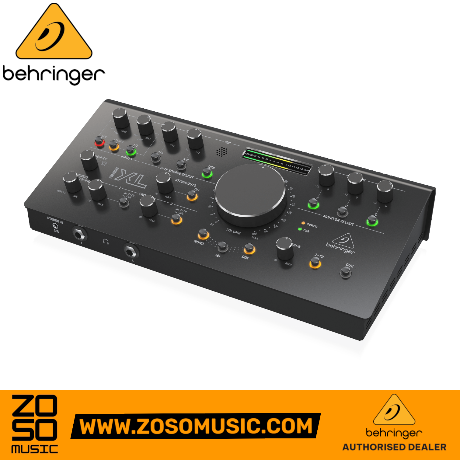 Zoso Music Behringer Studio XL monitor controller with large volume knob, LED meters, and multiple input controls.