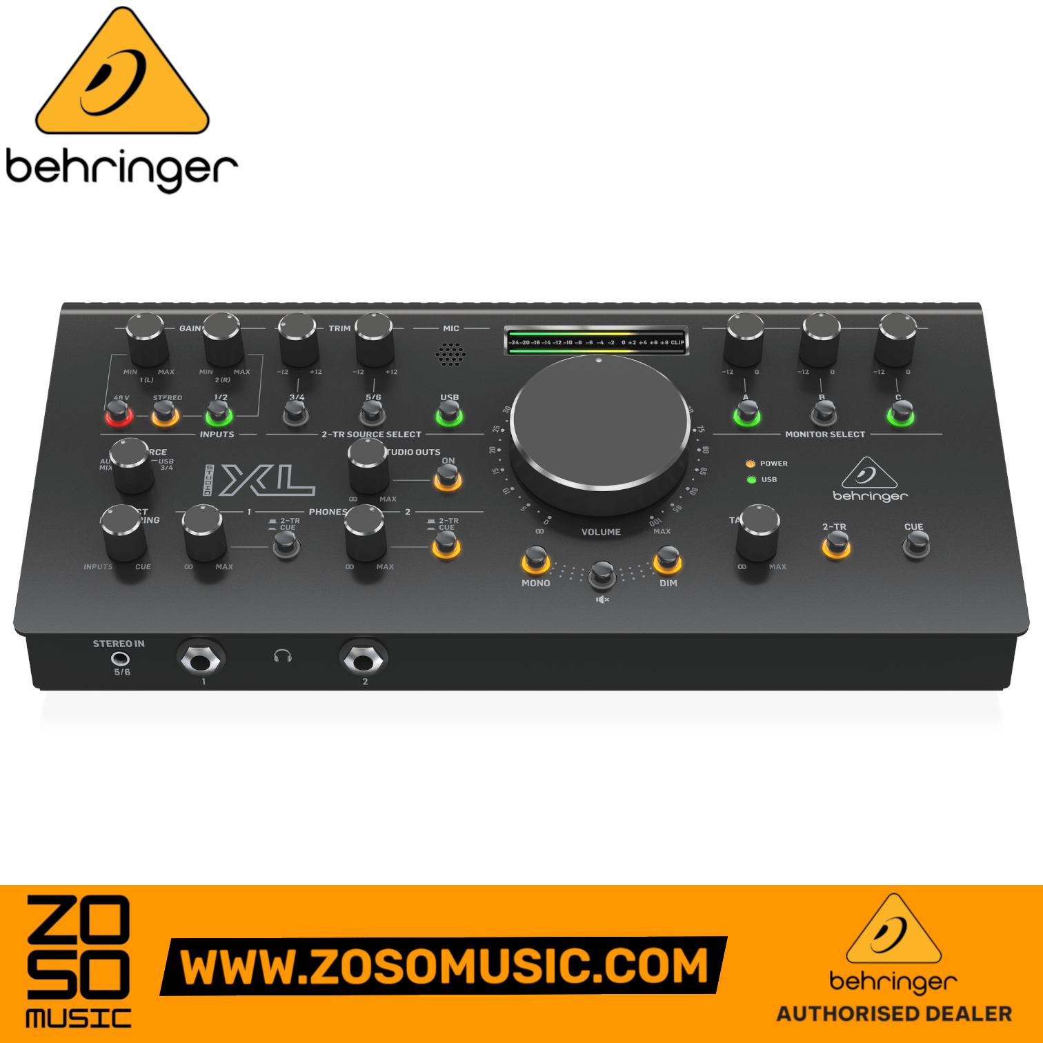Zoso Music Behringer Studio XL monitor controller with large volume knob, LED meters, and multiple input controls.