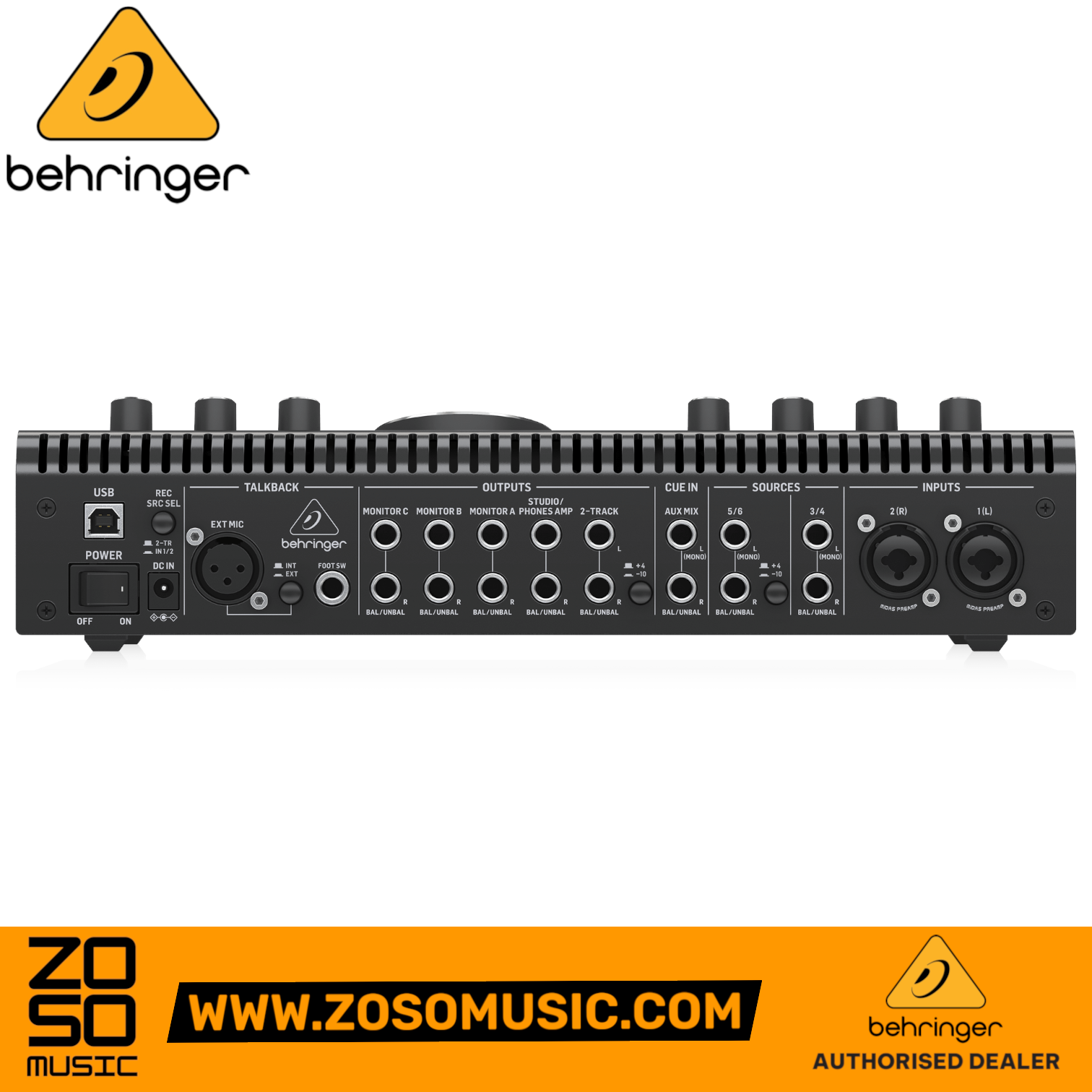 Rear panel of the Zoso Music Behringer Studio XL monitor controller showing various XLR and TRS input and output ports.