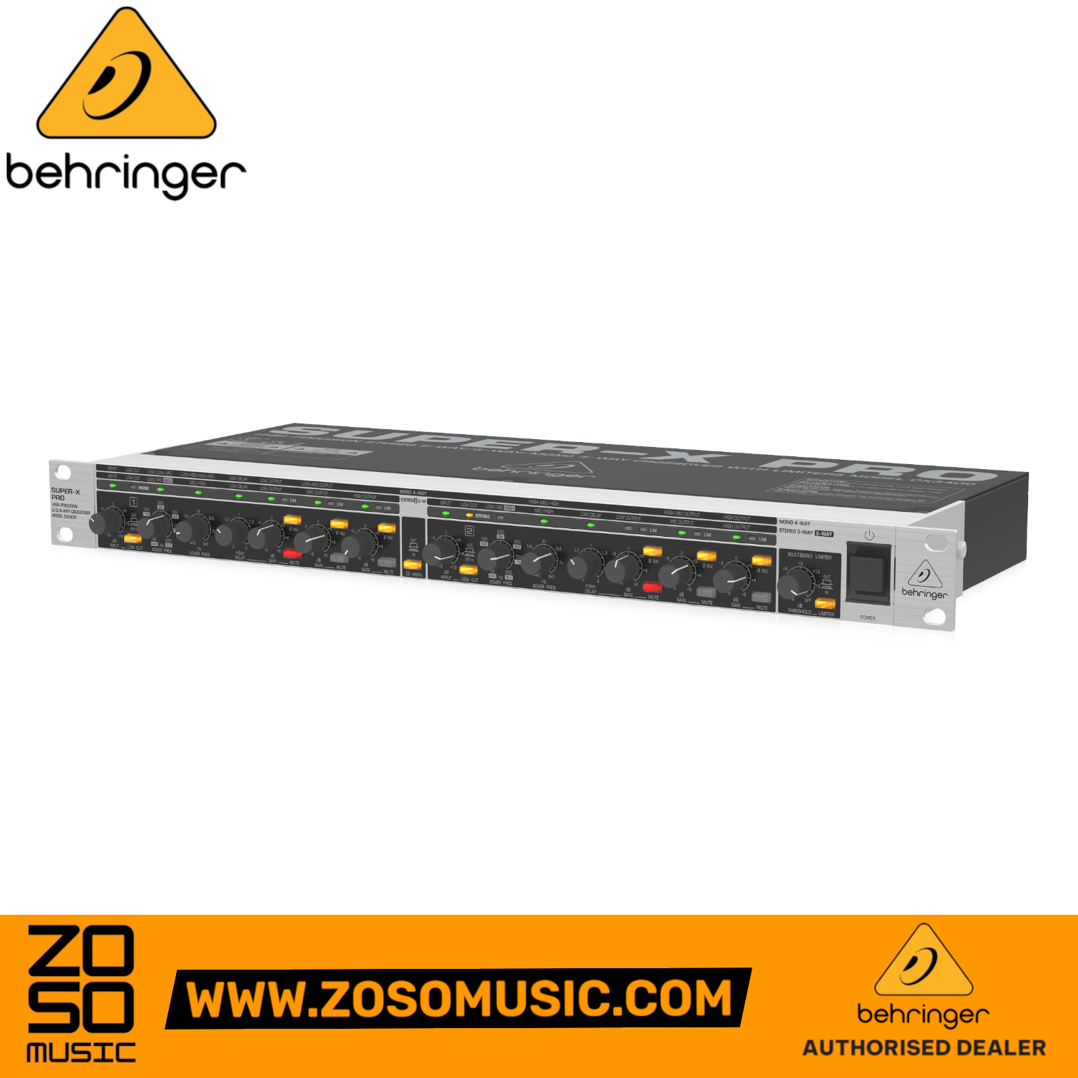 Zoso Music Behringer Super-X Pro CX3400 V2 rackmount crossover with multiple control knobs and illuminated switches