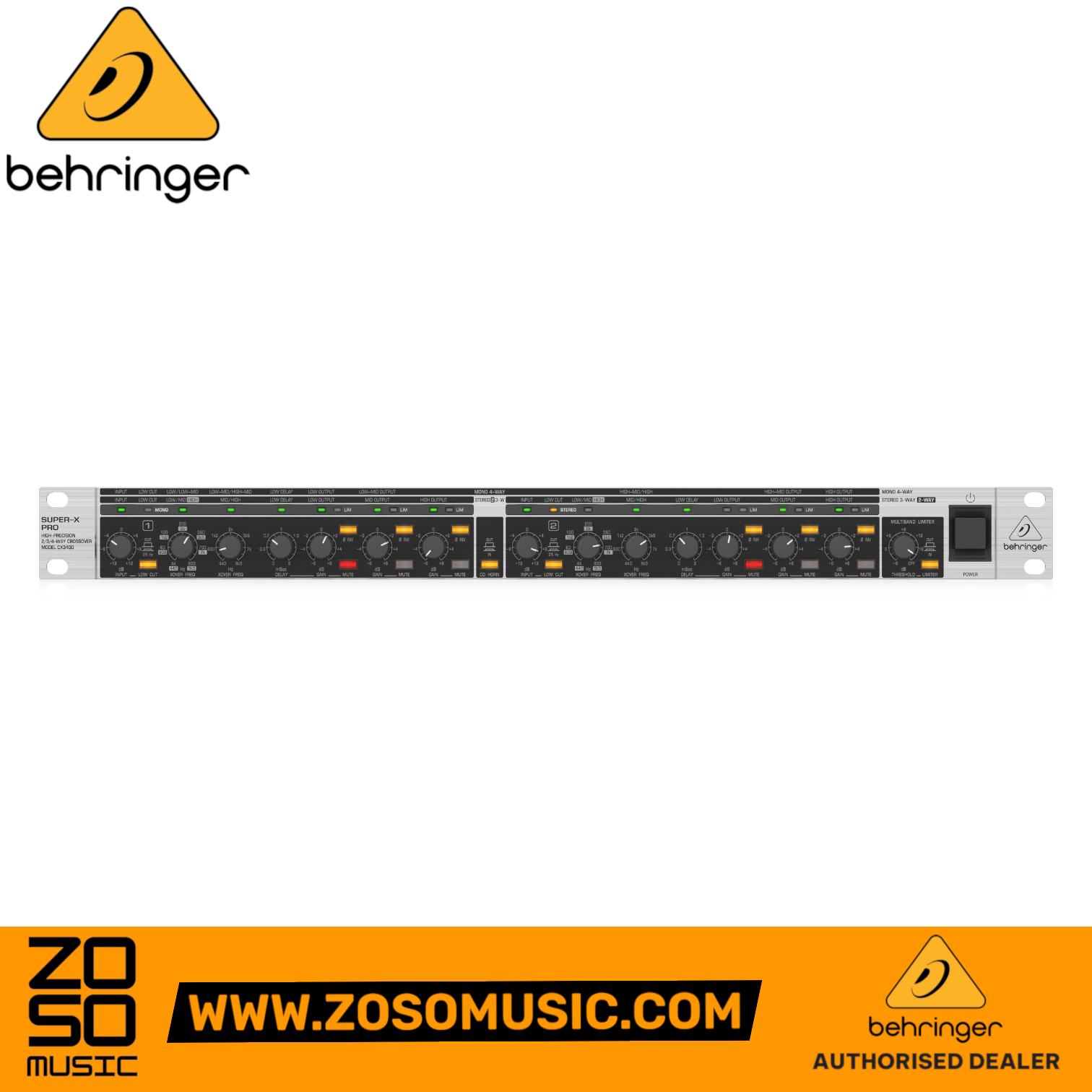 Zoso Music Behringer Super-X Pro CX3400 V2 rackmount crossover with multiple gain controls and illuminated switches