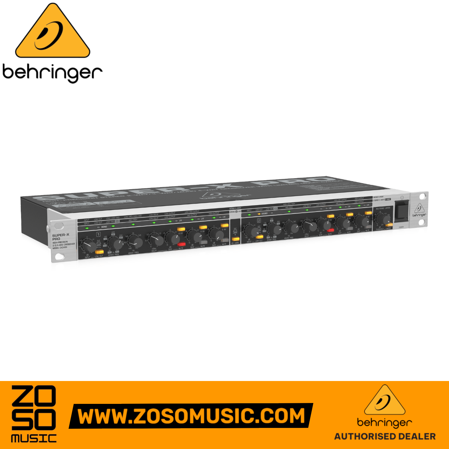 Zoso Music Behringer Super-X Pro CX3400 V2 rackmount stereo crossover with illuminated controls and XLR inputs