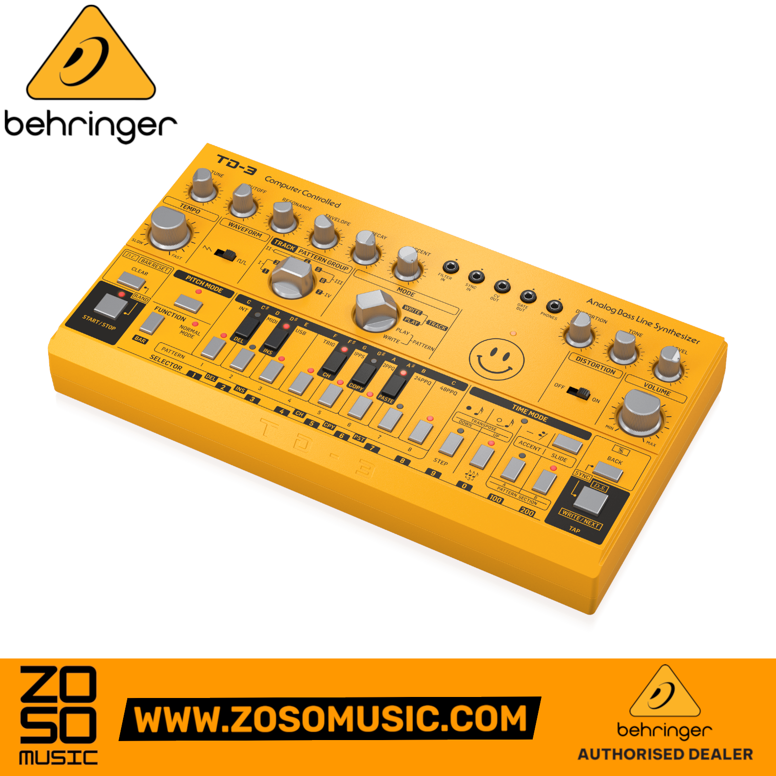 Zoso Music Behringer TD-3-AM yellow analog bass line synthesizer with 16-step sequencer and resonant filter controls.