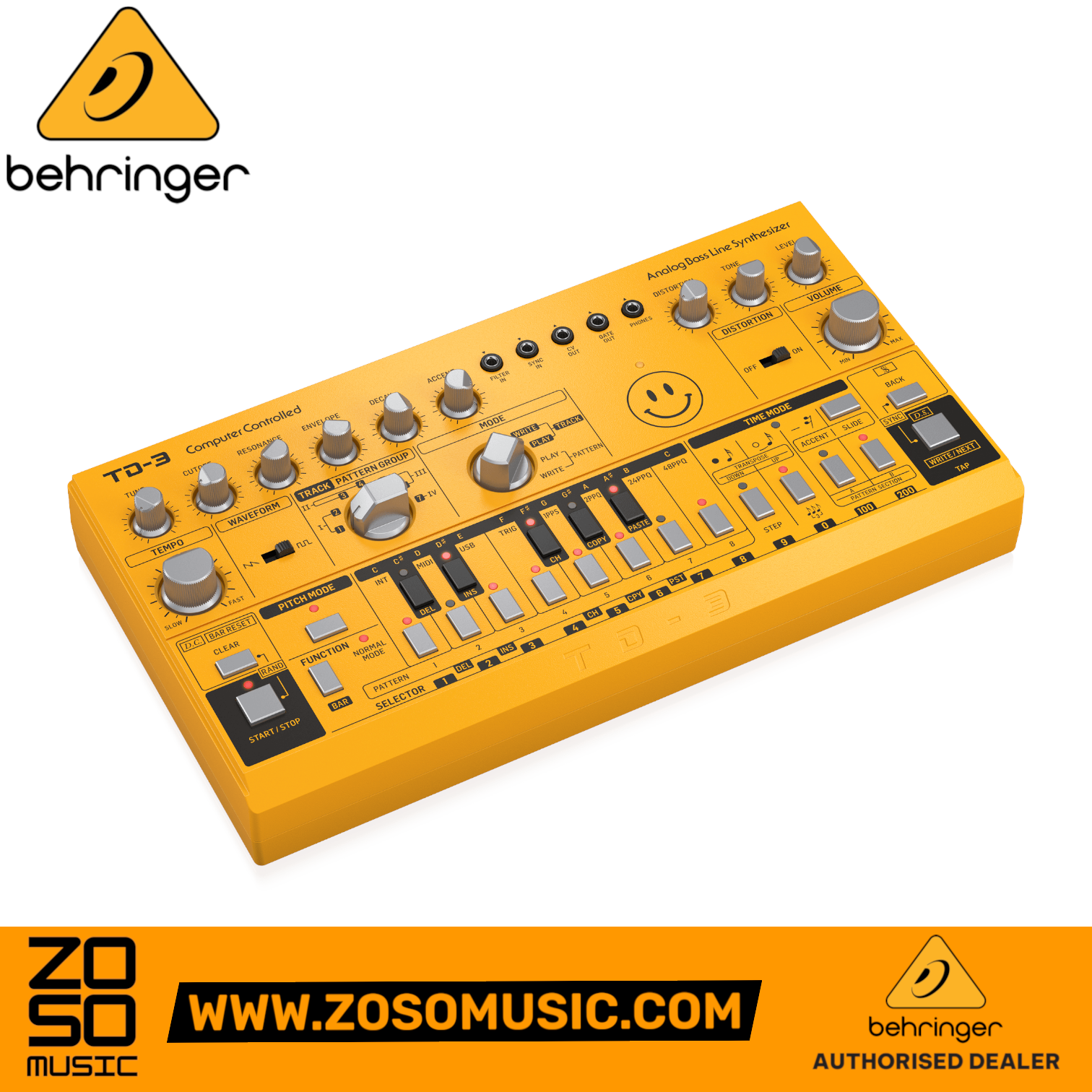 Zoso Music Behringer TD-3-AM yellow analog bass line synthesizer with sequencer and distortion controls