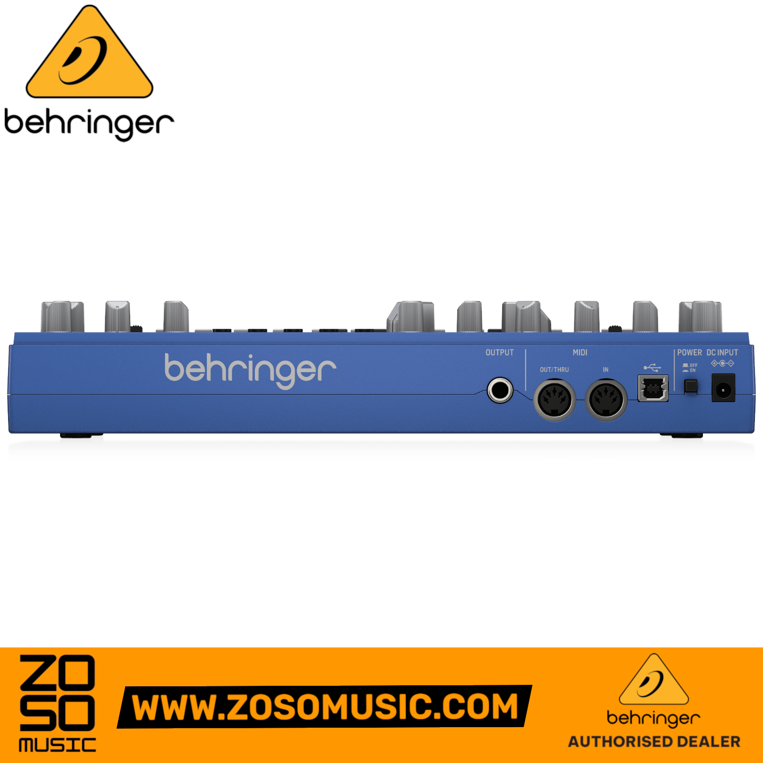 Zoso Music Behringer TD-3-BU blue analog bass synthesizer rear panel showing MIDI, output, and power ports.