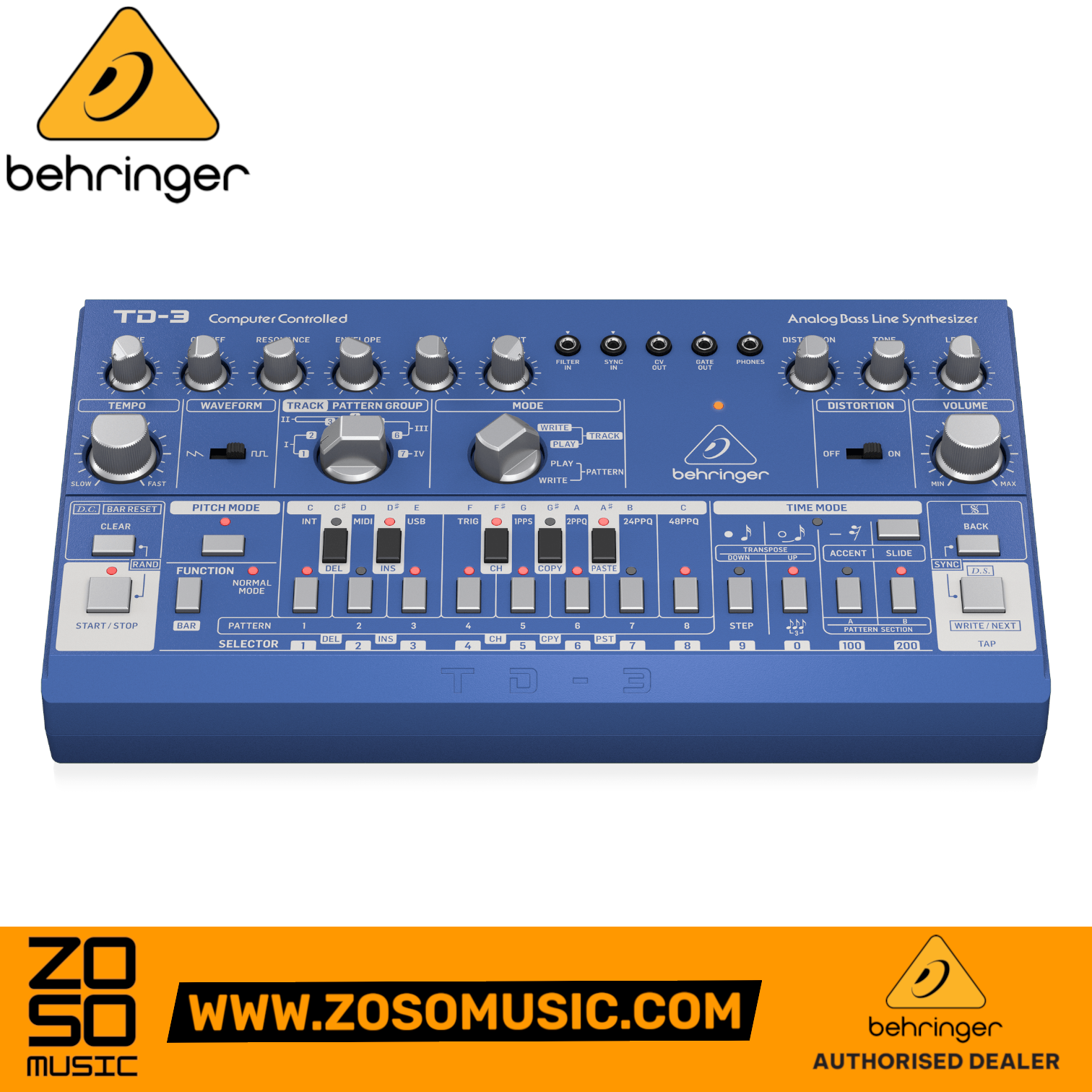 Zoso Music Behringer TD-3-BU blue analog bass line synthesizer with sequencer, knobs, and buttons for electronic music.