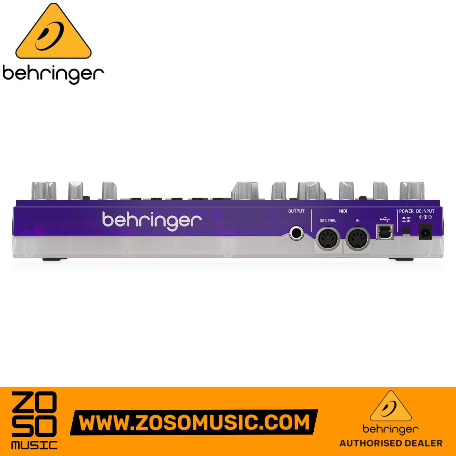 Zoso Music Behringer TD-3-GP analog bass synthesizer in purple, showing the rear panel with MIDI and audio ports.