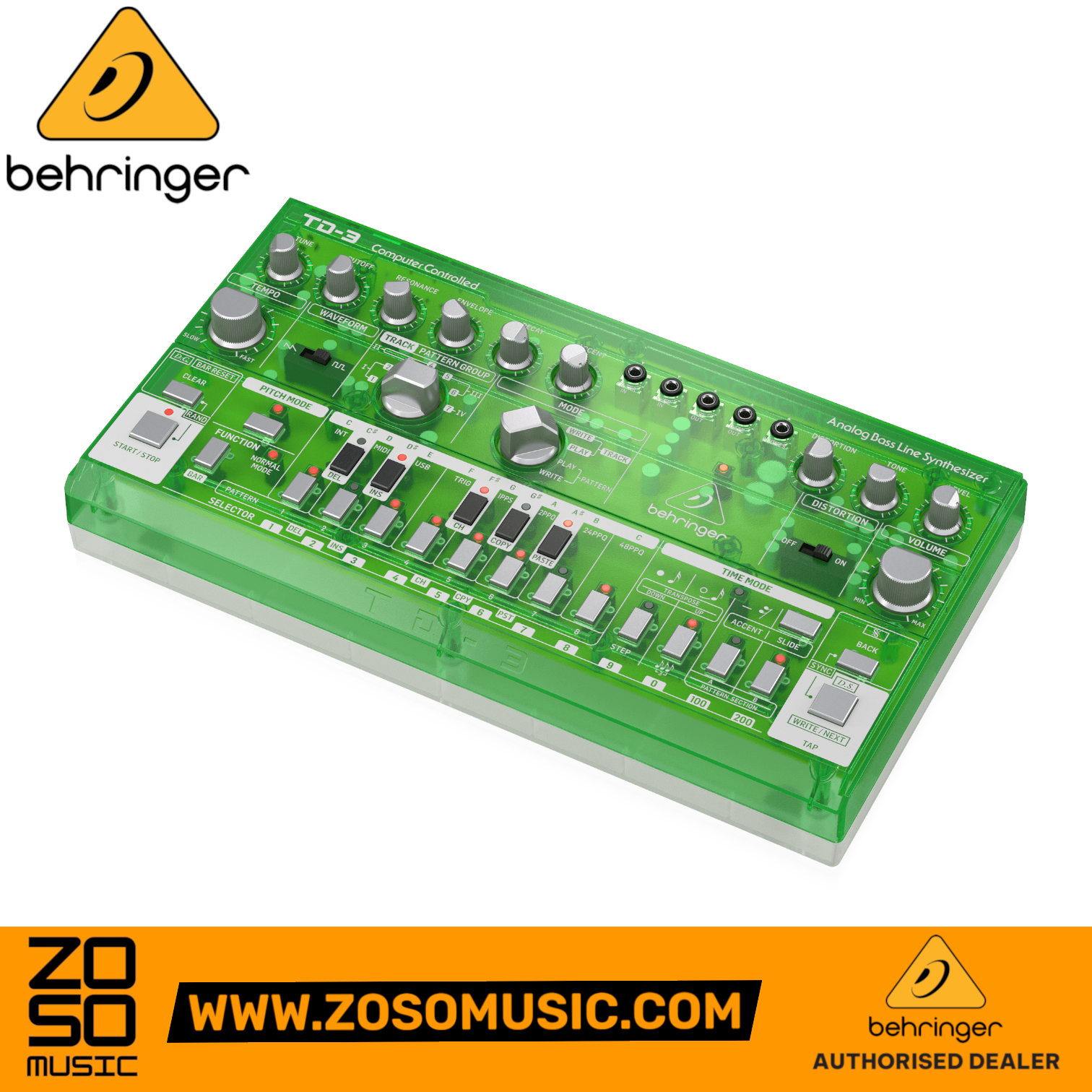 Zoso Music Behringer TD-3-LM lime green analog bass synthesizer with 16-step sequencer and resonant filter controls.