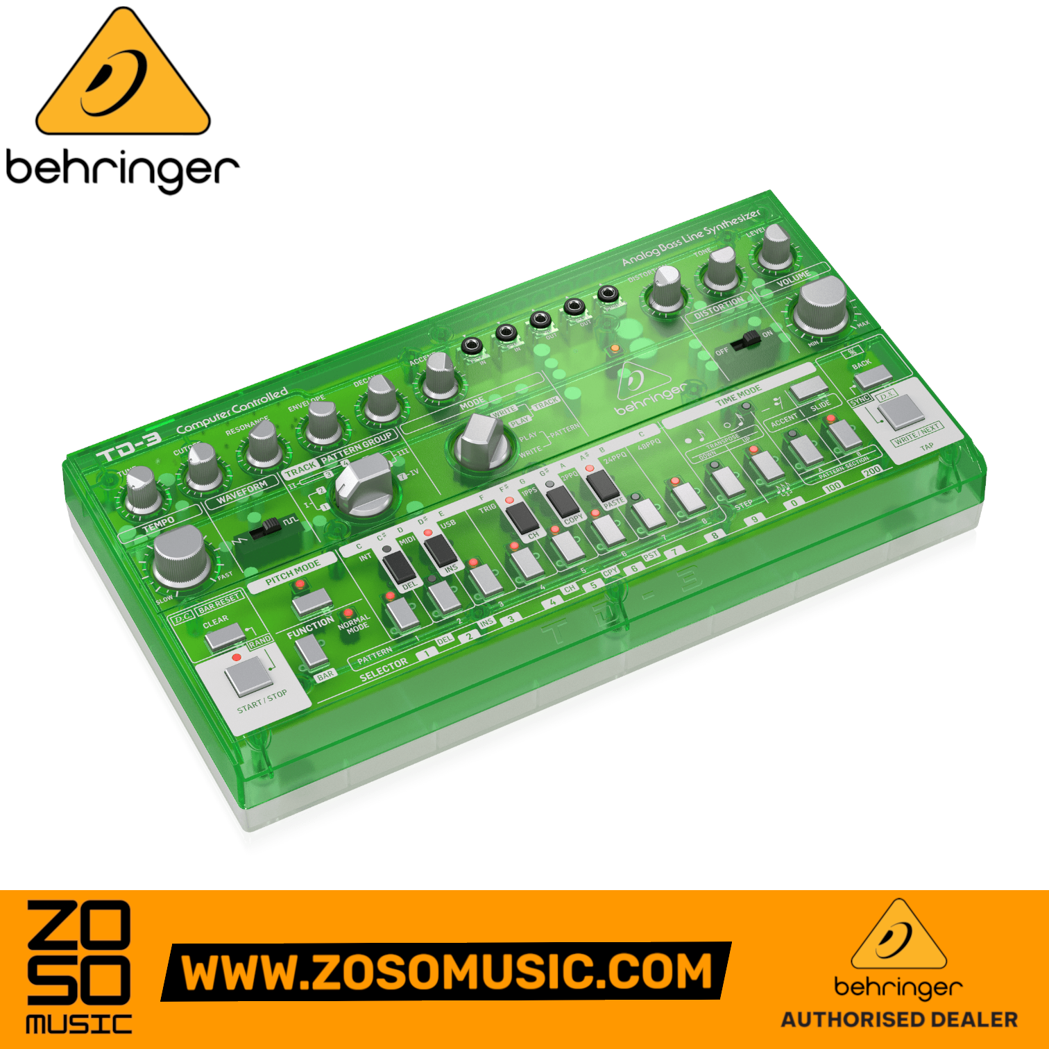 Zoso Music Behringer TD-3-LM lime green analog bass line synthesizer with 16-step sequencer and resonant filter