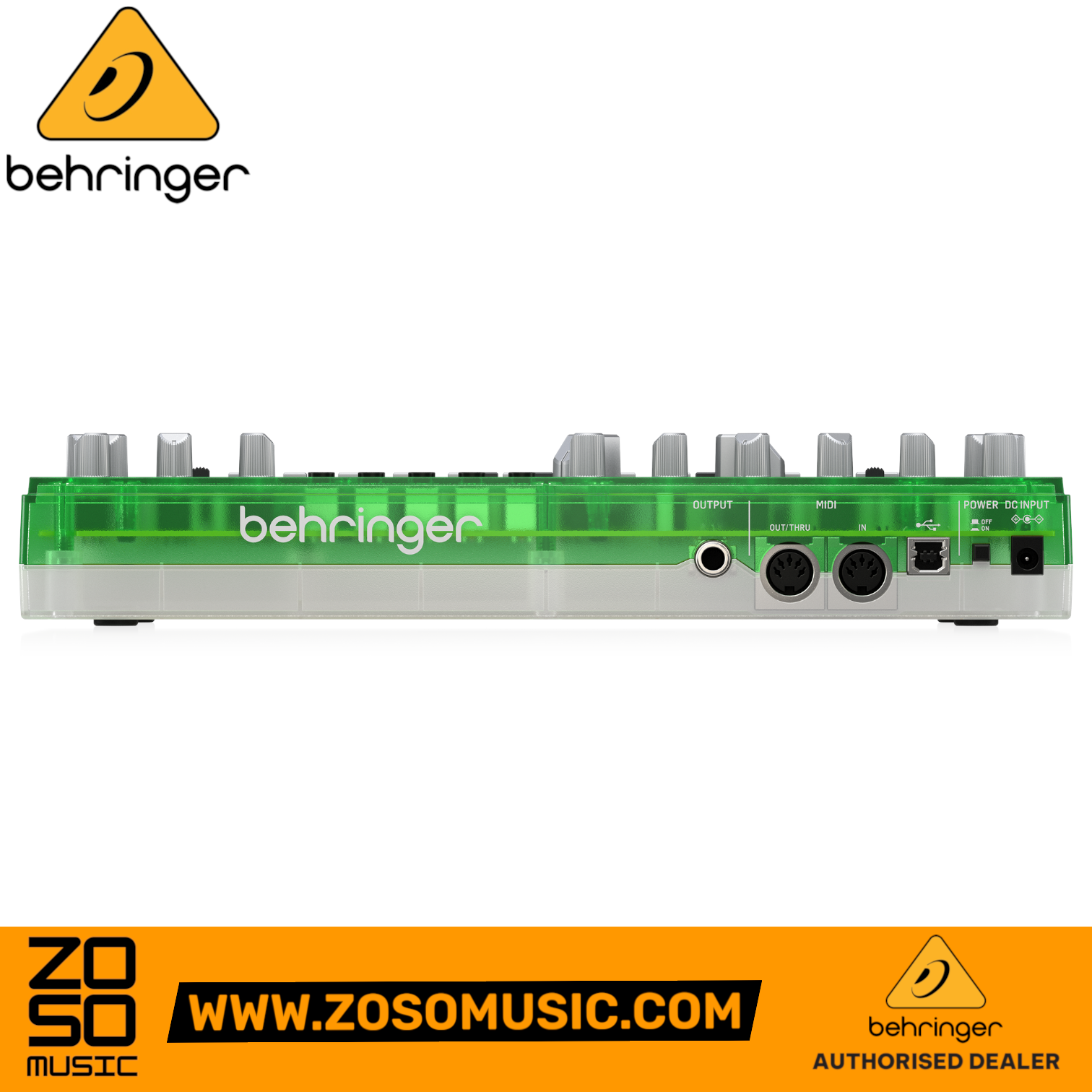 Zoso Music Behringer TD-3-LM lime analog bass synthesizer rear panel showing MIDI, USB, and audio output ports.
