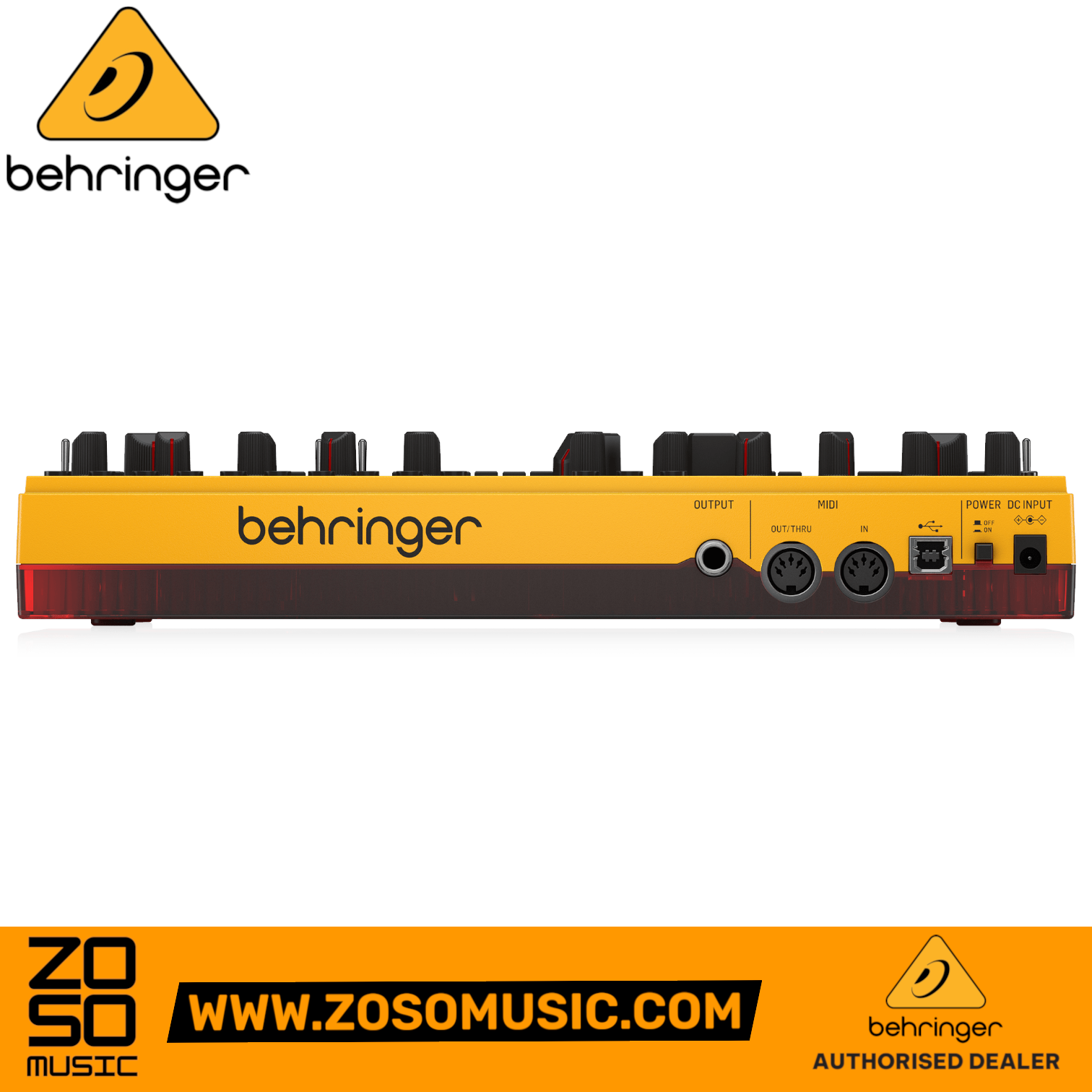 Zoso Music Behringer TD-3-MO-AM analog bass synthesizer in yellow, showing the rear panel with MIDI and audio ports.