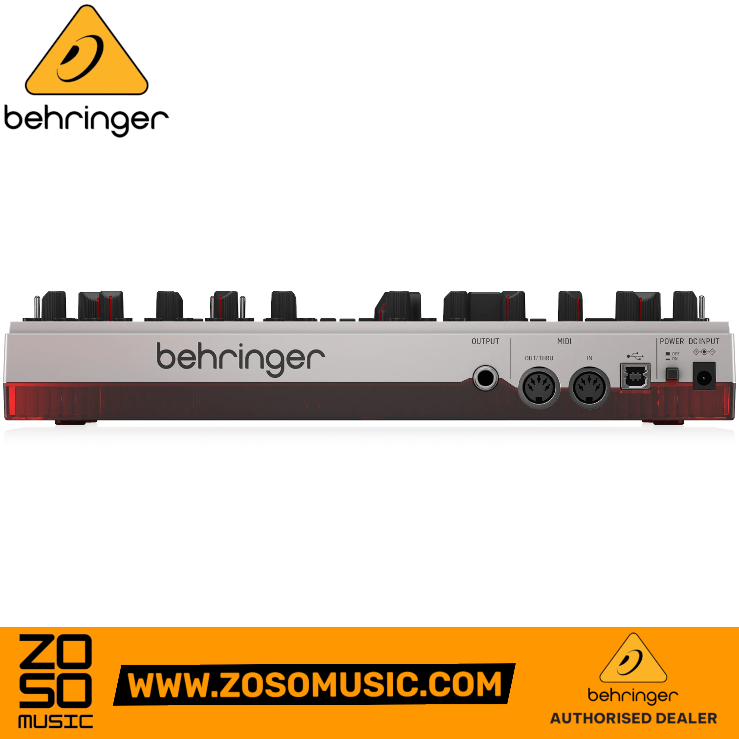 Zoso Music Behringer TD-3-MO-SR analog bass synthesizer rear panel showing MIDI, output, and power connections