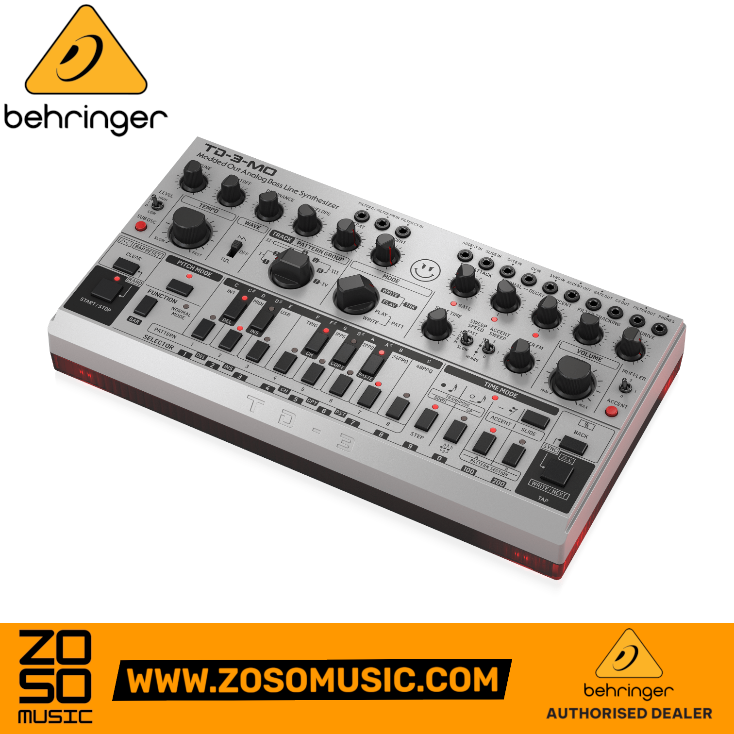 Zoso Music Behringer TD-3-MO-SR silver analog bass synthesizer with sequencer, knobs, and buttons for sound design.