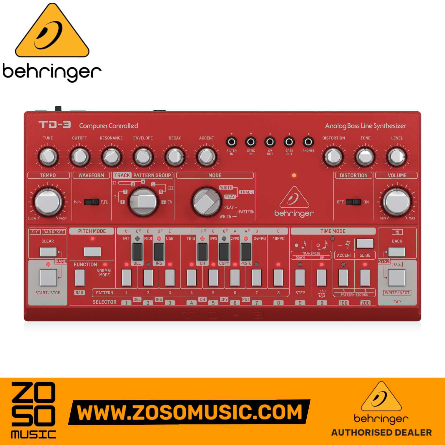 Zoso Music Behringer TD-3-RD red analog bass line synthesizer with 16-step sequencer and distortion controls