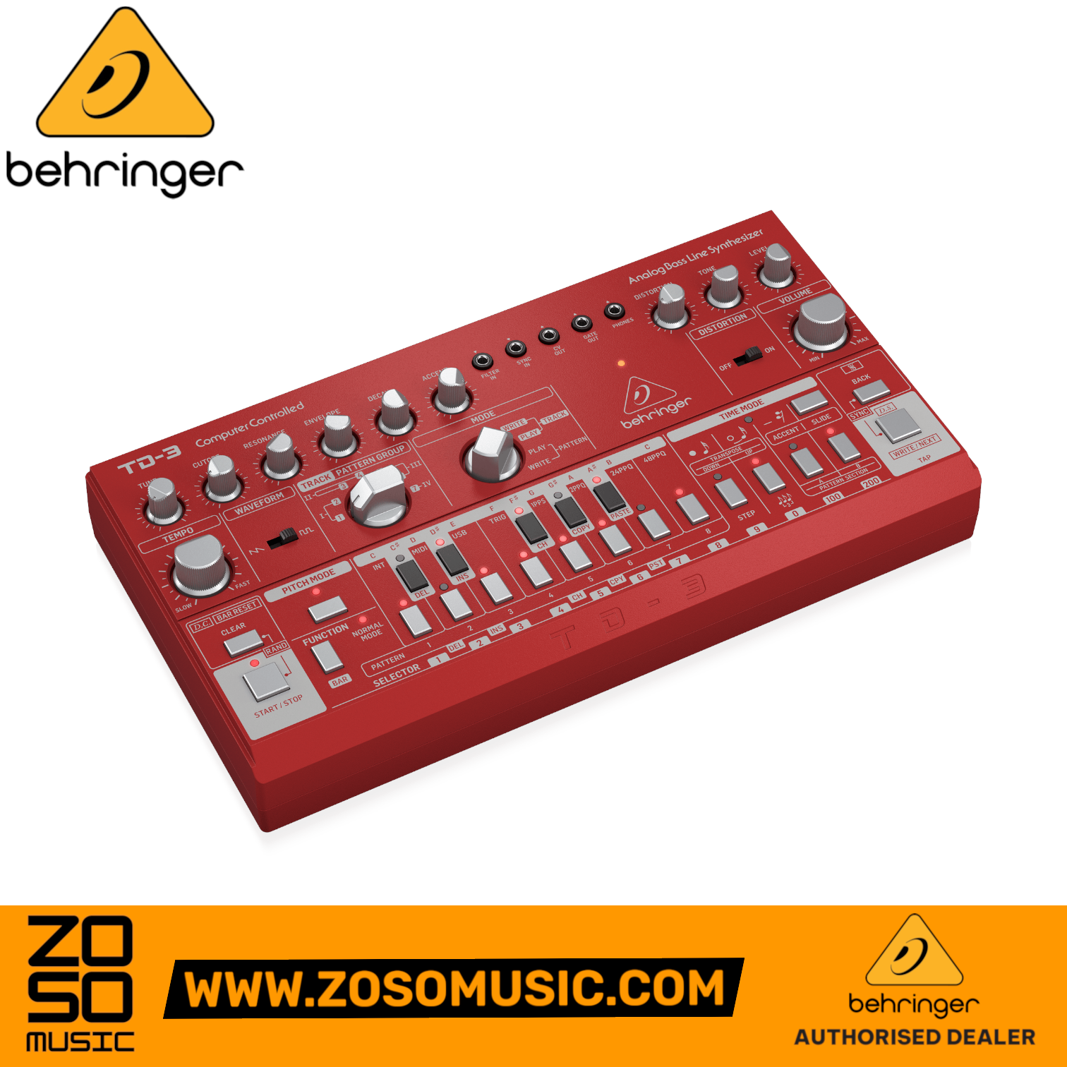 Zoso Music Behringer TD-3-RD red analog bass line synthesizer with 16-step sequencer and resonant lowpass filter