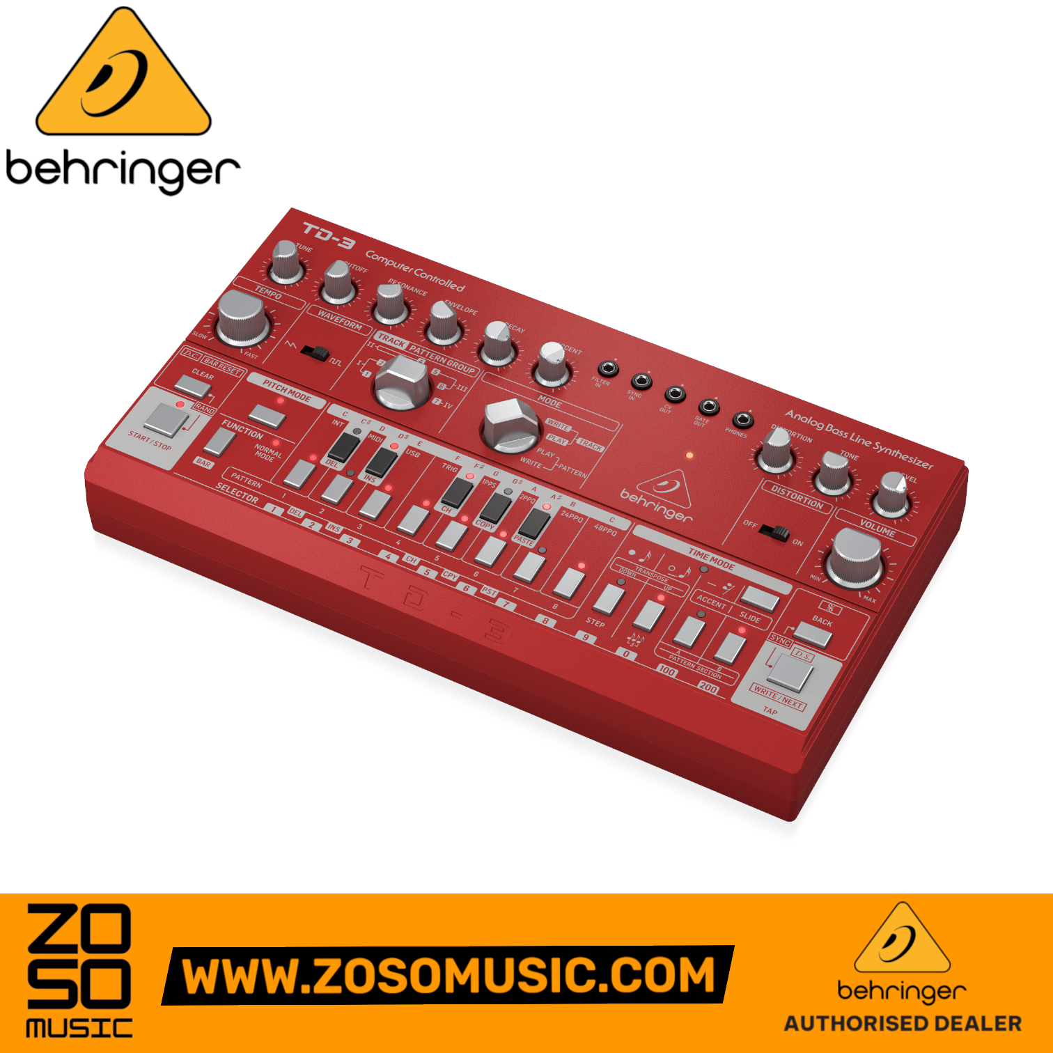 Zoso Music Behringer TD-3-RD analog bass synthesizer in red with 16-step sequencer and distortion controls