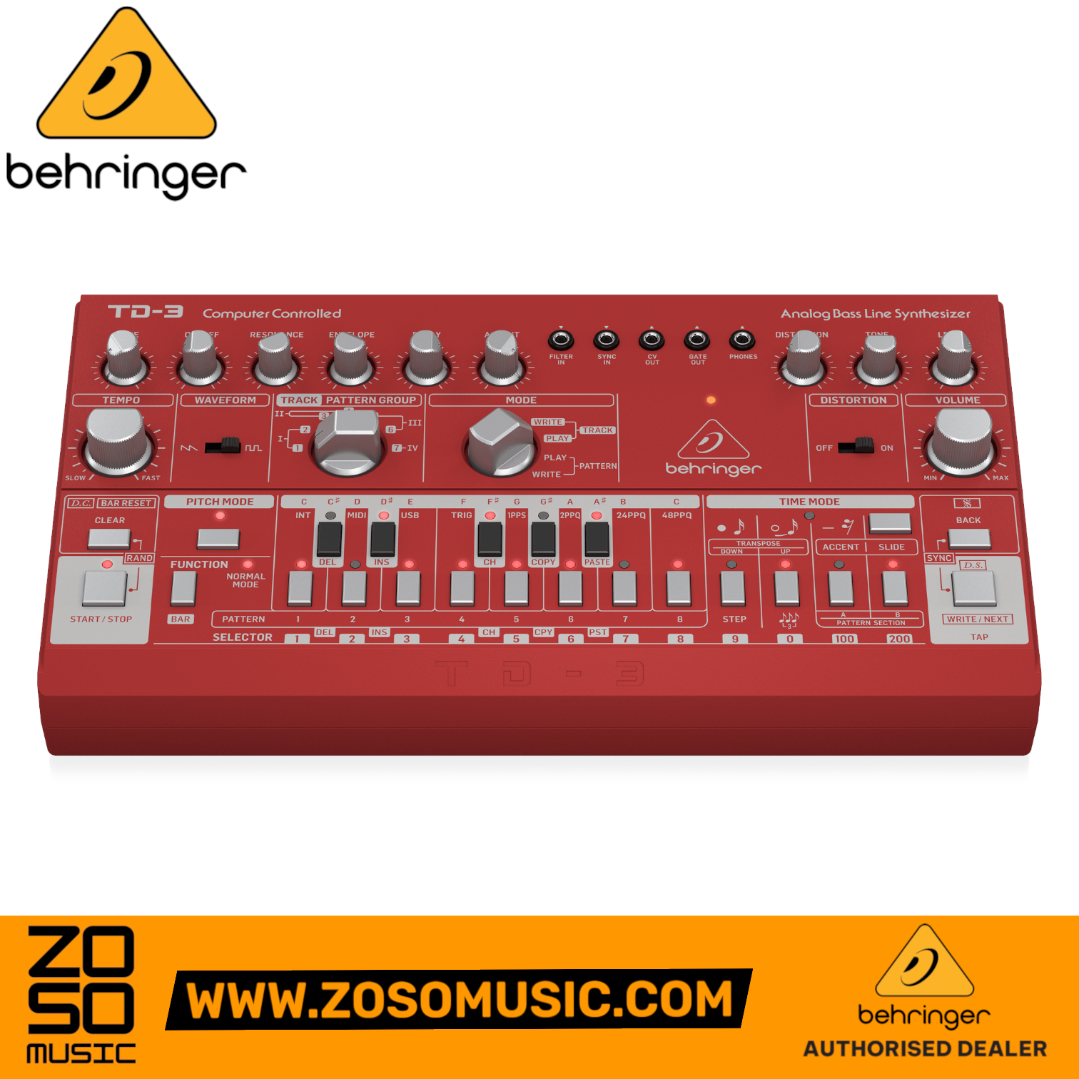 Zoso Music Behringer TD-3-RD red analog bass line synthesizer with 16-step sequencer and distortion controls