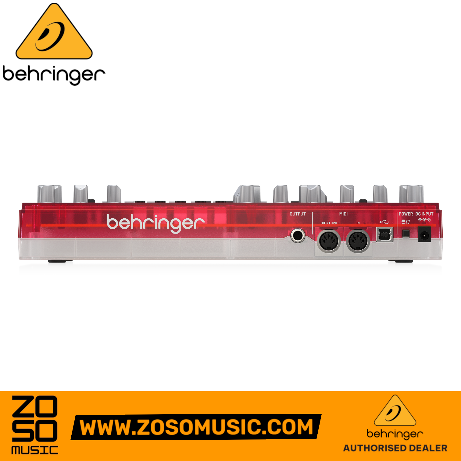 Zoso Music Behringer TD-3-SB analog bass synthesizer in strawberry red, rear panel view showing MIDI and audio ports.