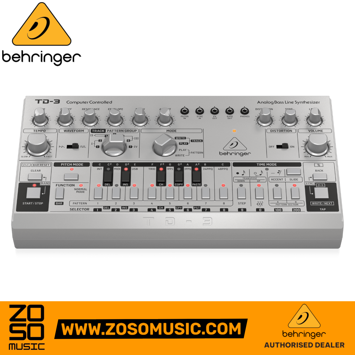 Zoso Music Behringer TD-3-SR silver analog bass line synthesizer with 16-step sequencer and distortion controls.