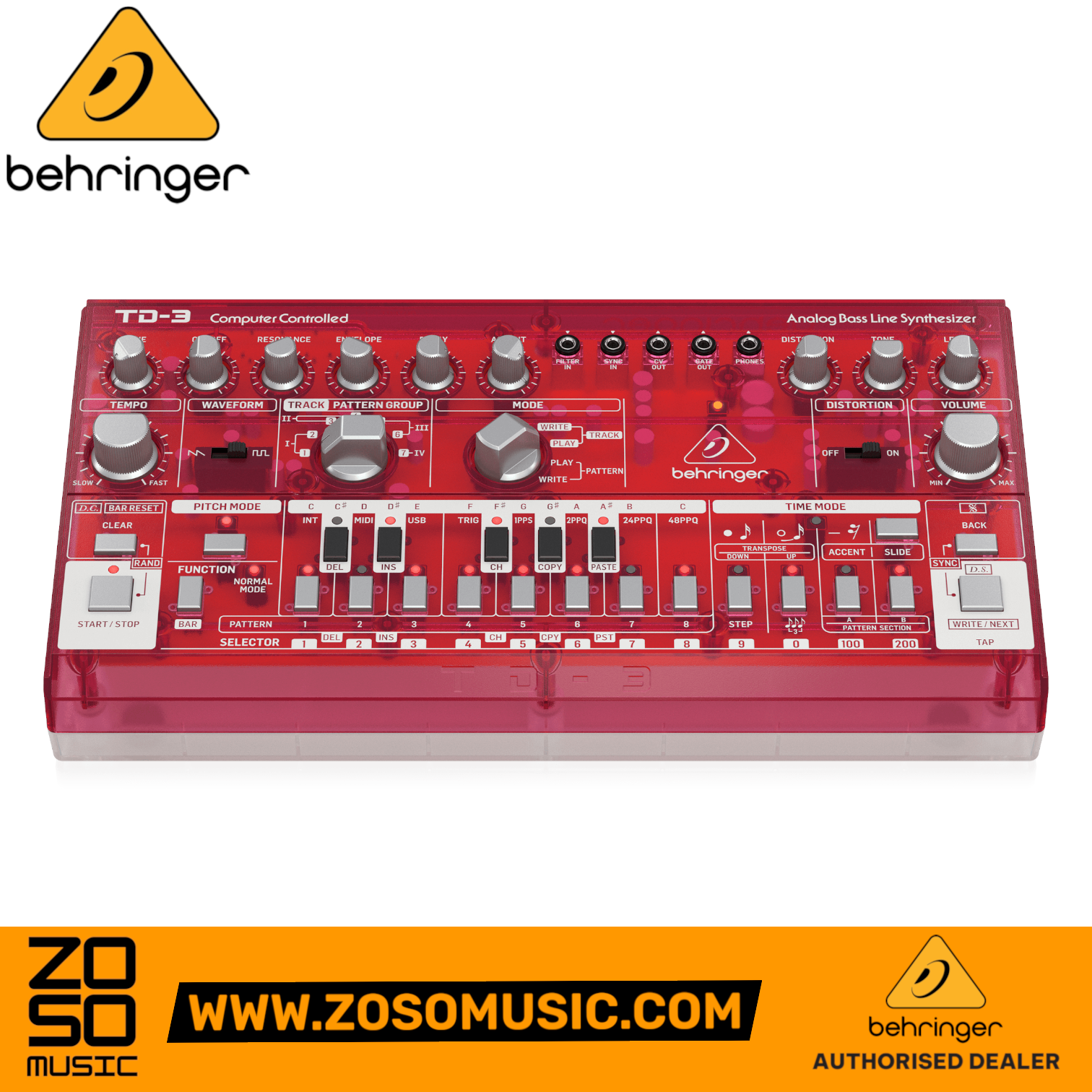 Zoso Music Behringer TD-3-SB analog bass synthesizer in translucent strawberry red with knobs and sequencer buttons.