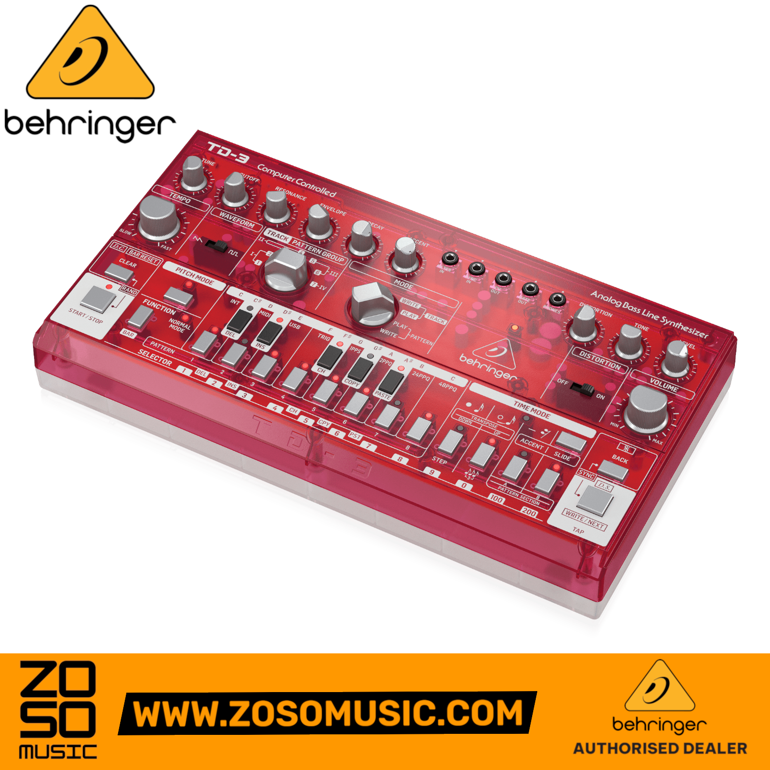Zoso Music Behringer TD-3-SB analog bass synthesizer in strawberry red with 16-step sequencer and resonant filter