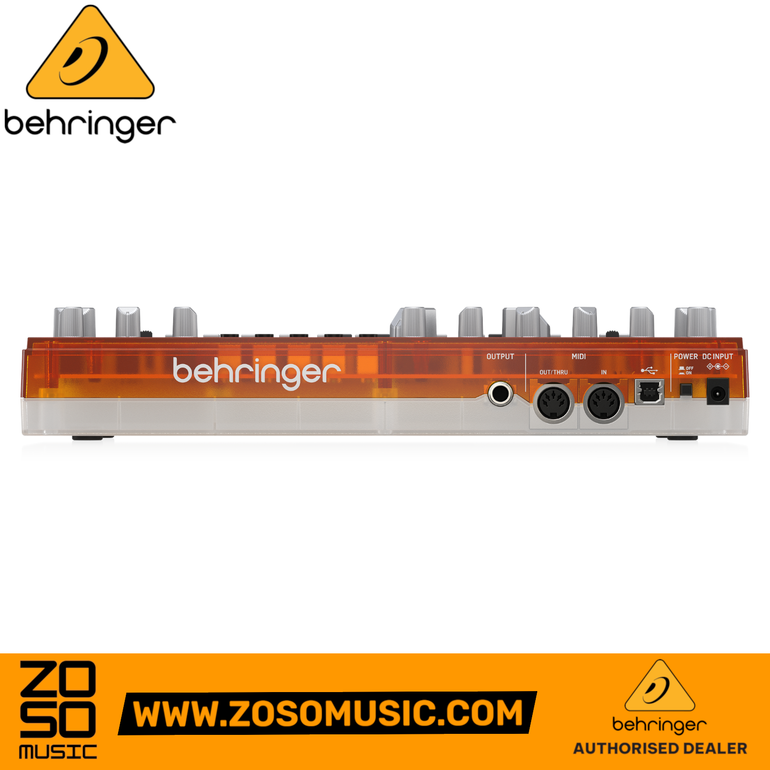 Zoso Music Behringer TD-3-TG analog bass synthesizer in tangerine, showing the rear panel connectivity and ports.