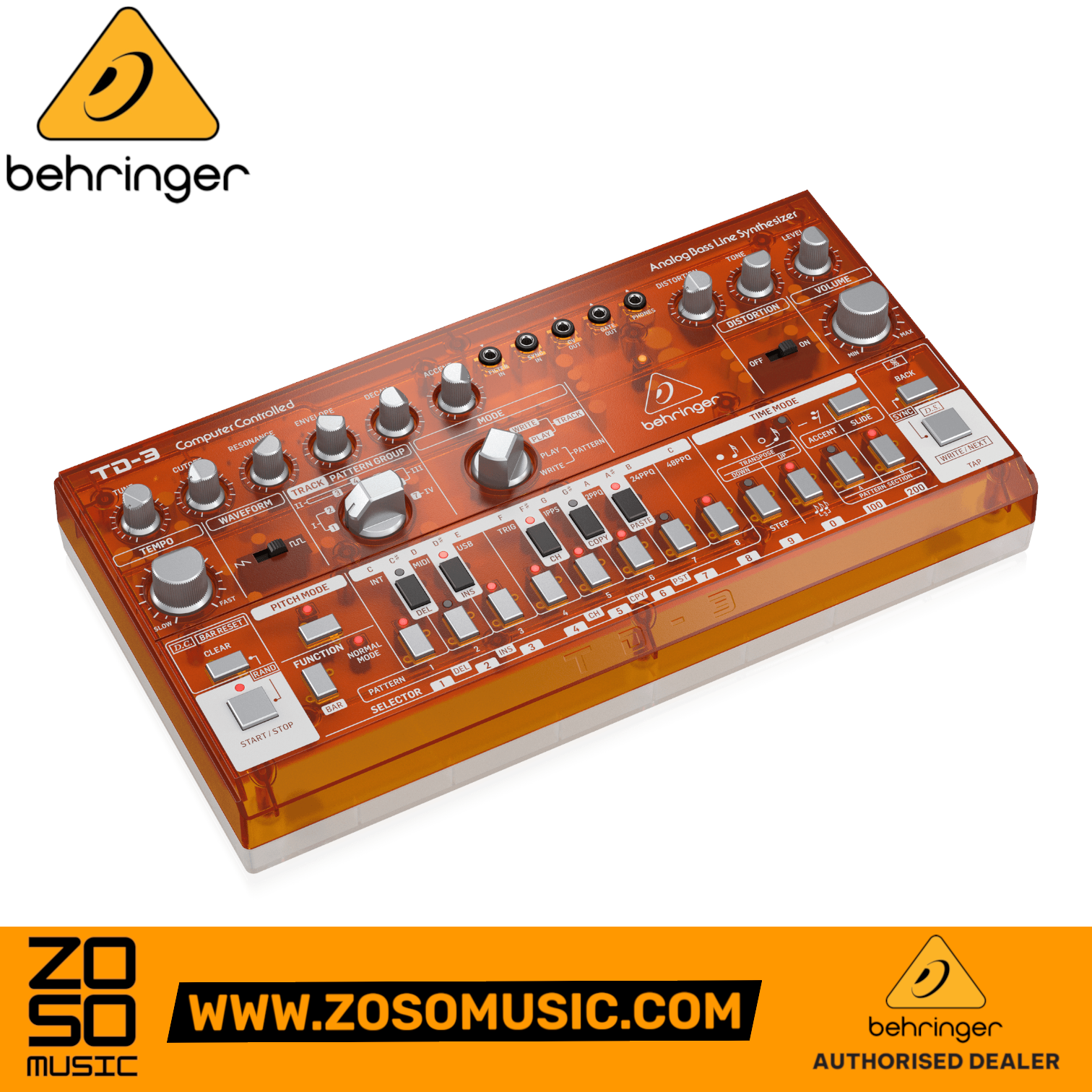 Zoso Music Behringer TD-3-TG analog bass synthesizer in translucent tangerine orange with knobs and sequencer buttons.
