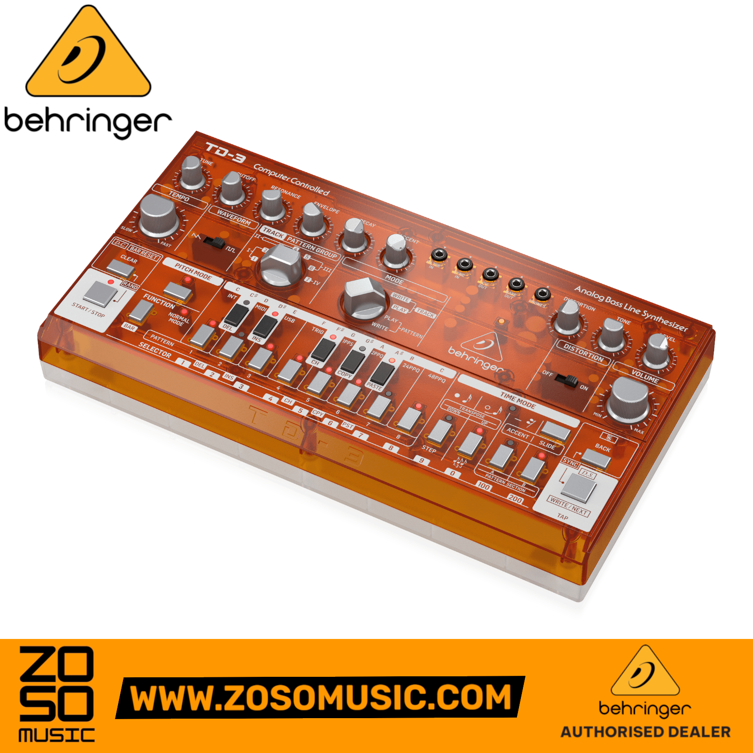 Zoso Music Behringer TD-3-TG analog bass synthesizer in tangerine orange with 16-step sequencer and control knobs.