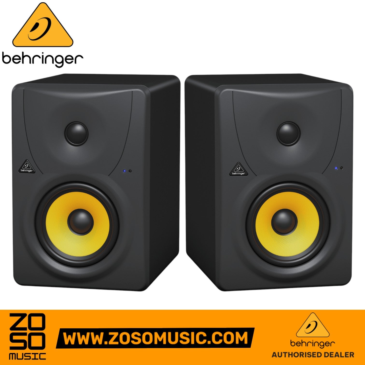 Zoso Music Behringer Truth B1030A active studio monitor pair with yellow Kevlar woofers and black silk dome tweeters.