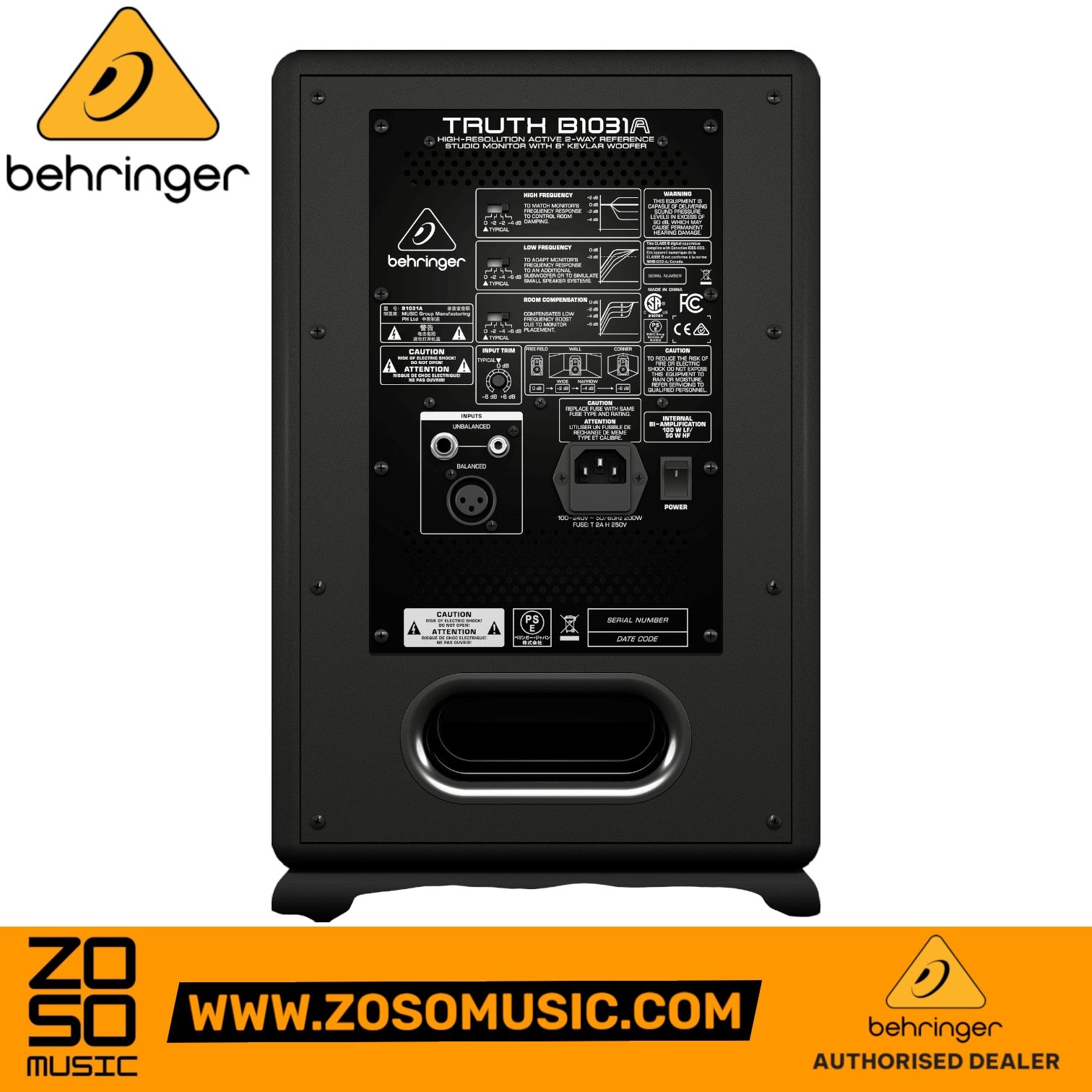 Zoso Music Behringer Truth B1031A studio monitor rear panel showing input ports and room compensation switches