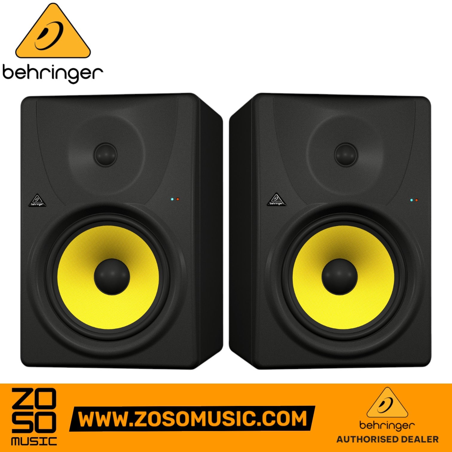 Zoso Music Behringer Truth B1031A active studio monitors featuring yellow Kevlar woofers and black silk dome tweeters.