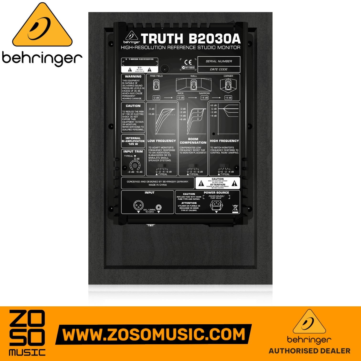 Zoso Music Behringer Truth B2030A studio monitor rear panel showing room compensation and input control switches