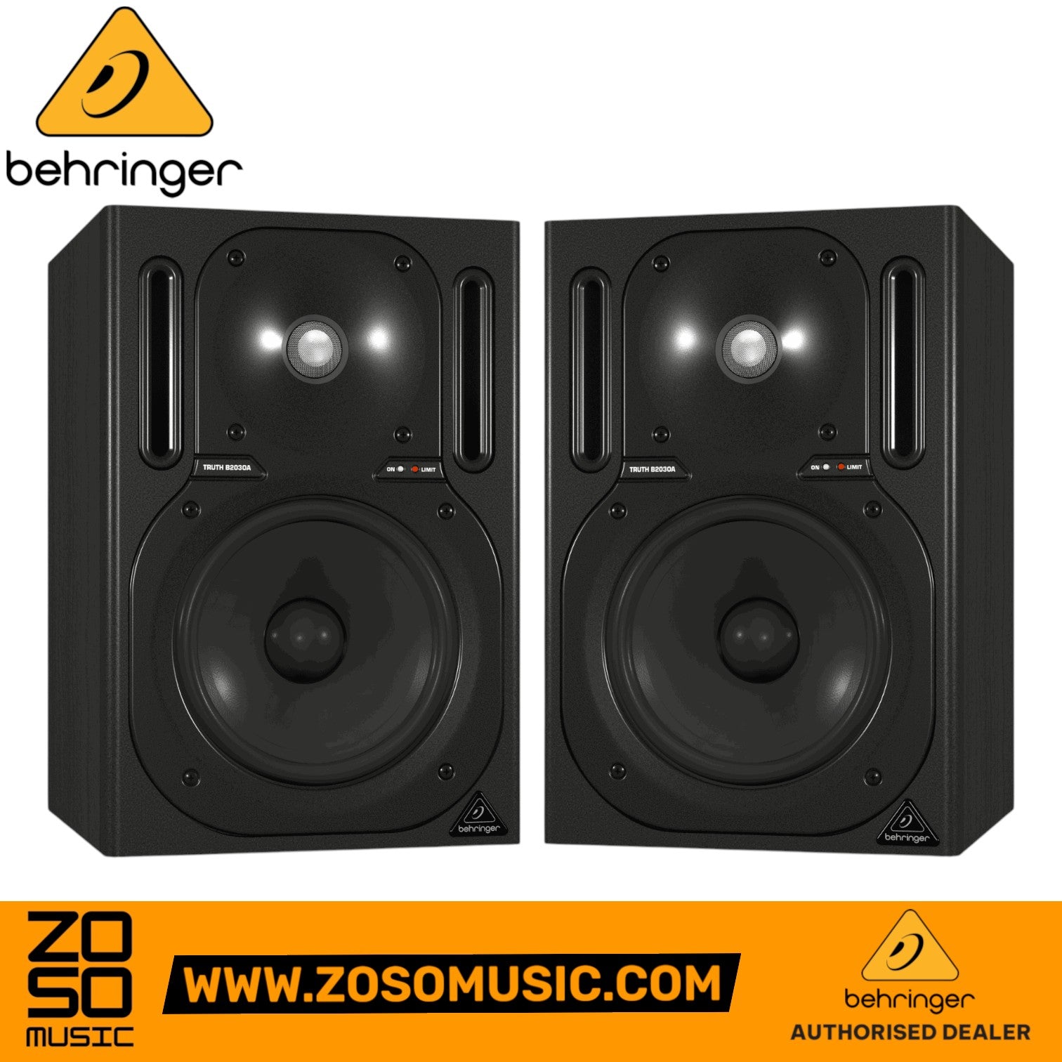 Zoso Music Behringer Truth B2030A active 2-way studio monitor pair in black with 6.75-inch woofer and dome tweeter